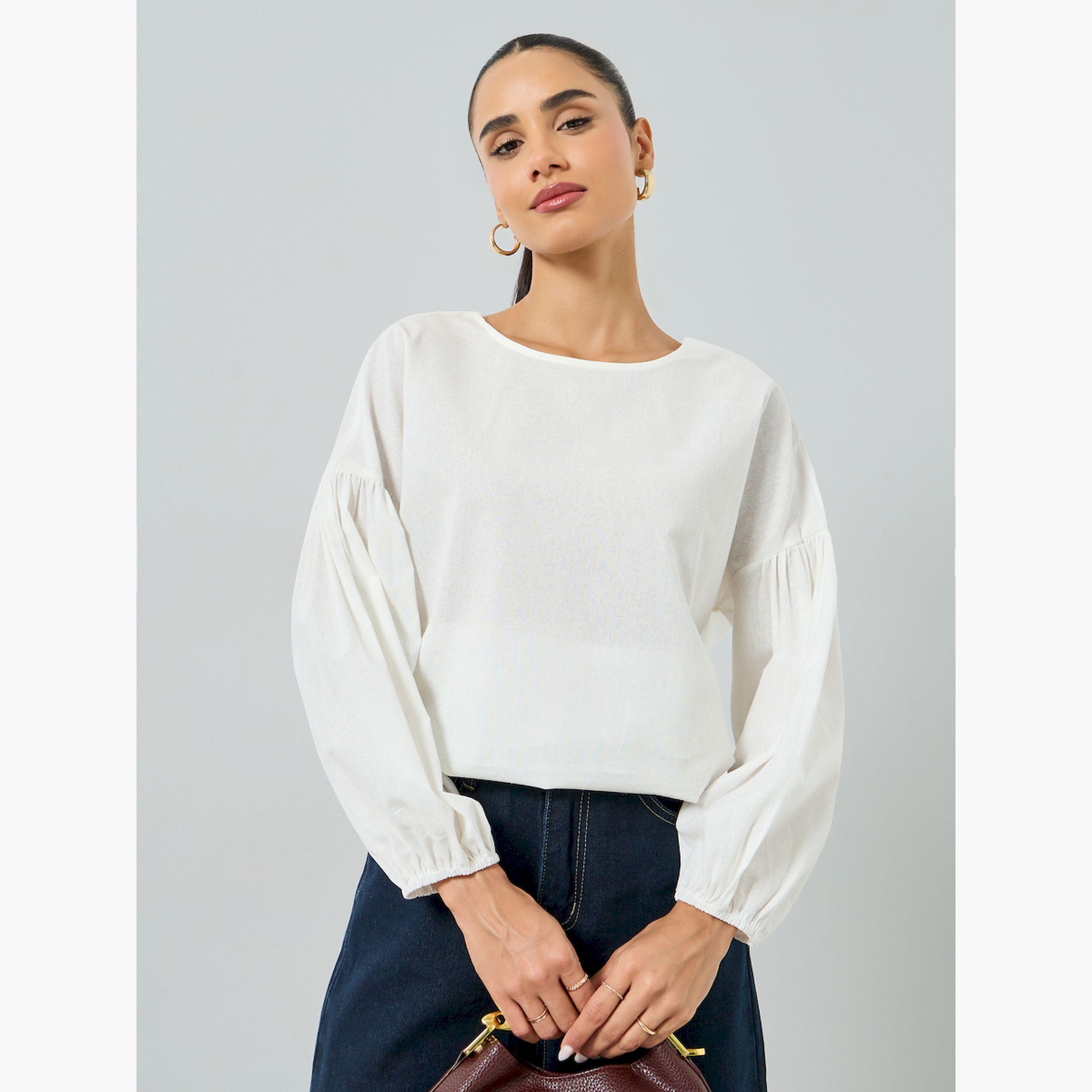 Styli White Long Sleeve Blouse with Back Cutout Detail-women-clothing-shirtsandblouses-blouses-image-3