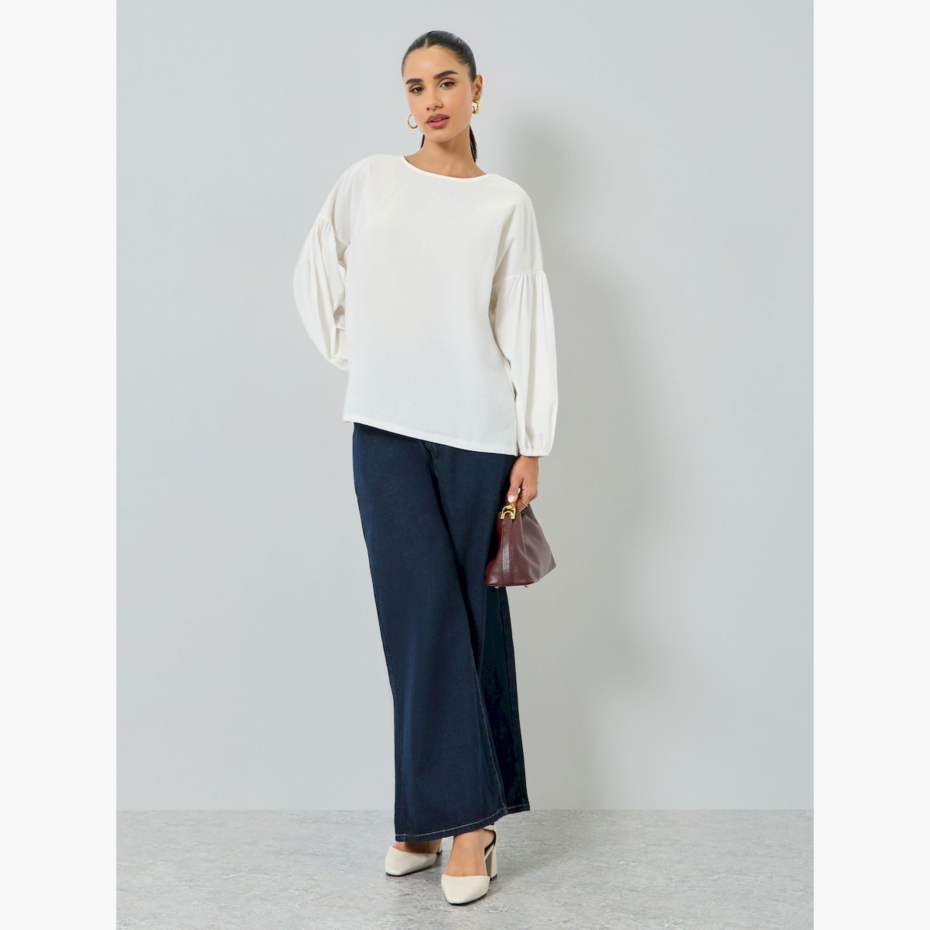 Styli White Long Sleeve Blouse with Back Cutout Detail-women-clothing-shirtsandblouses-blouses-image-4