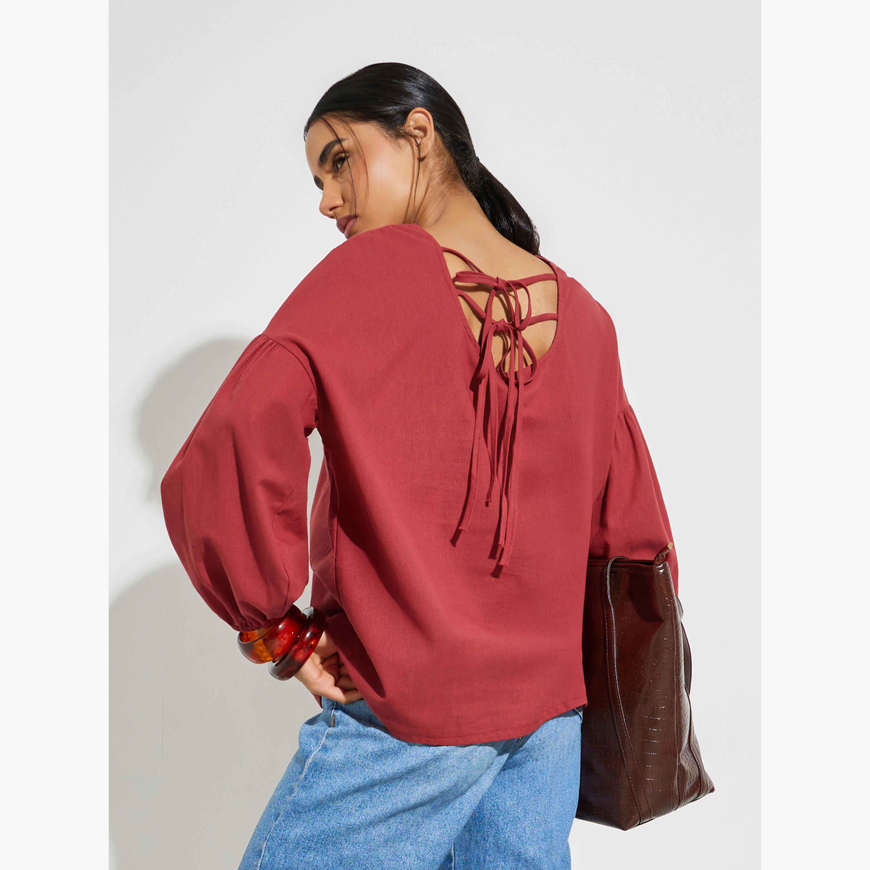 Styli Red Solid Tie-Up Back Blouse-women-clothing-shirtsandblouses-blouses-image-3