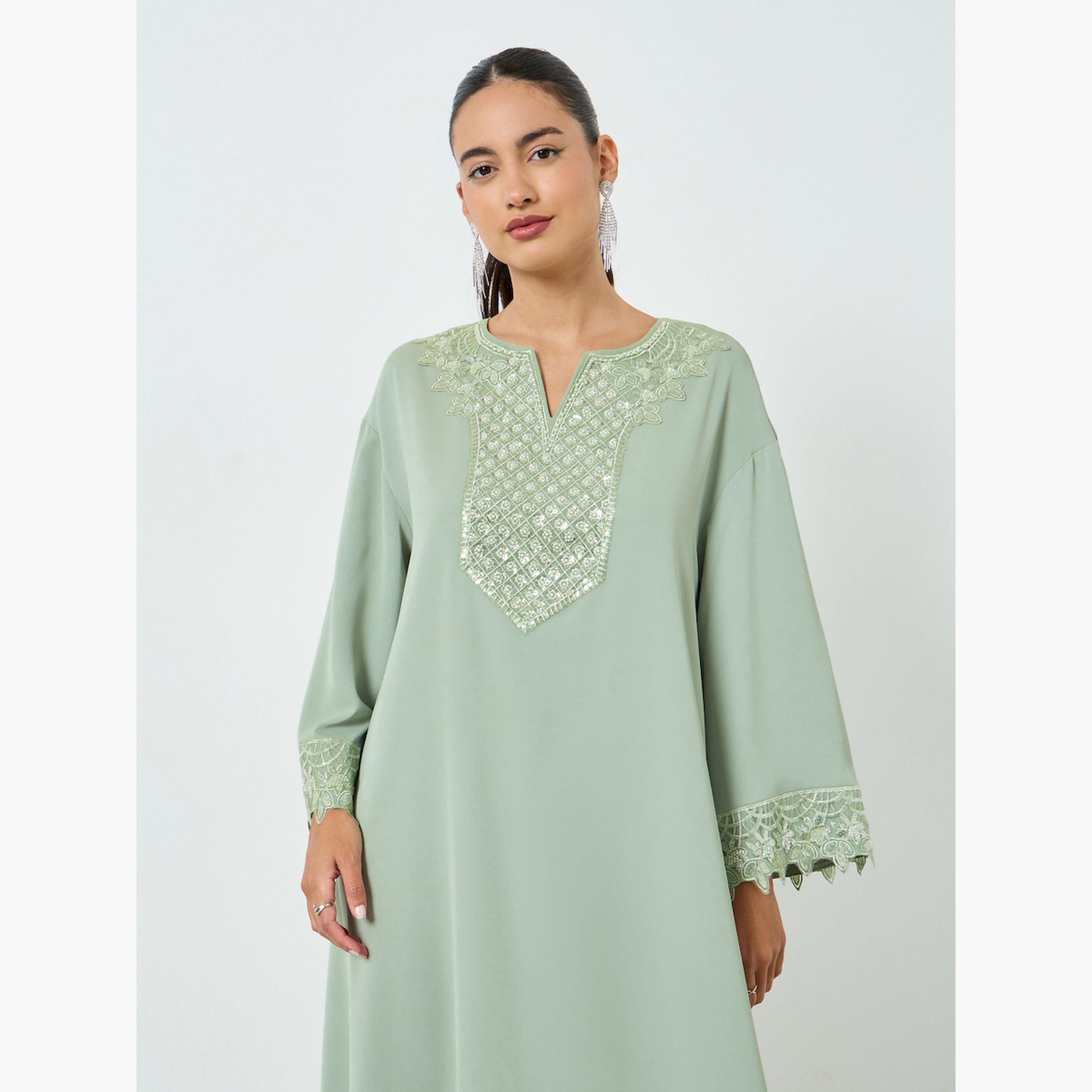 Styli Green Embroidered Lace Detail A-Line Jalabiya-women-arabicclothing-jalabiyas-image-2