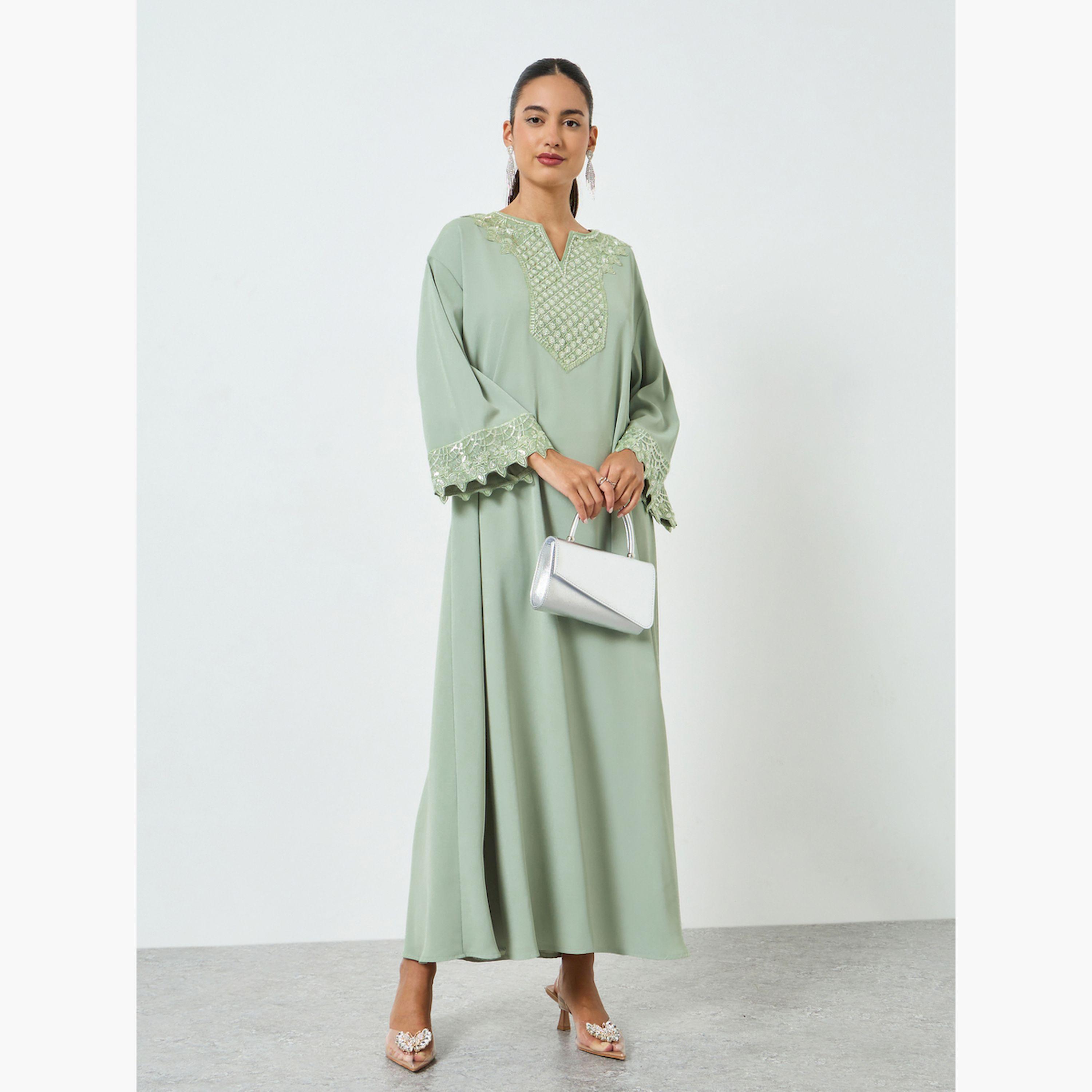Styli Green Embroidered Lace Detail A-Line Jalabiya-women-arabicclothing-jalabiyas-image-3