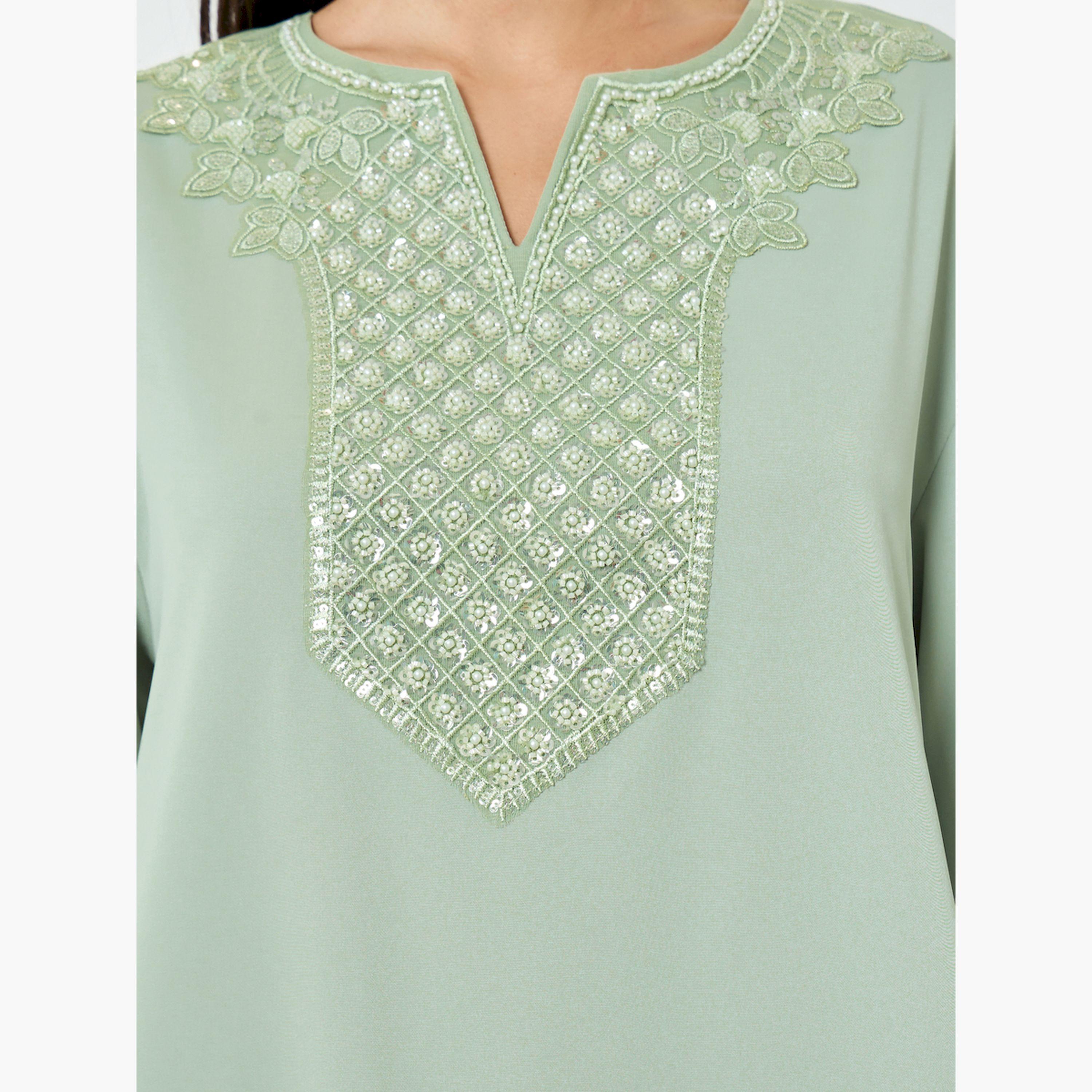 Styli Green Embroidered Lace Detail A-Line Jalabiya-women-arabicclothing-jalabiyas-image-4
