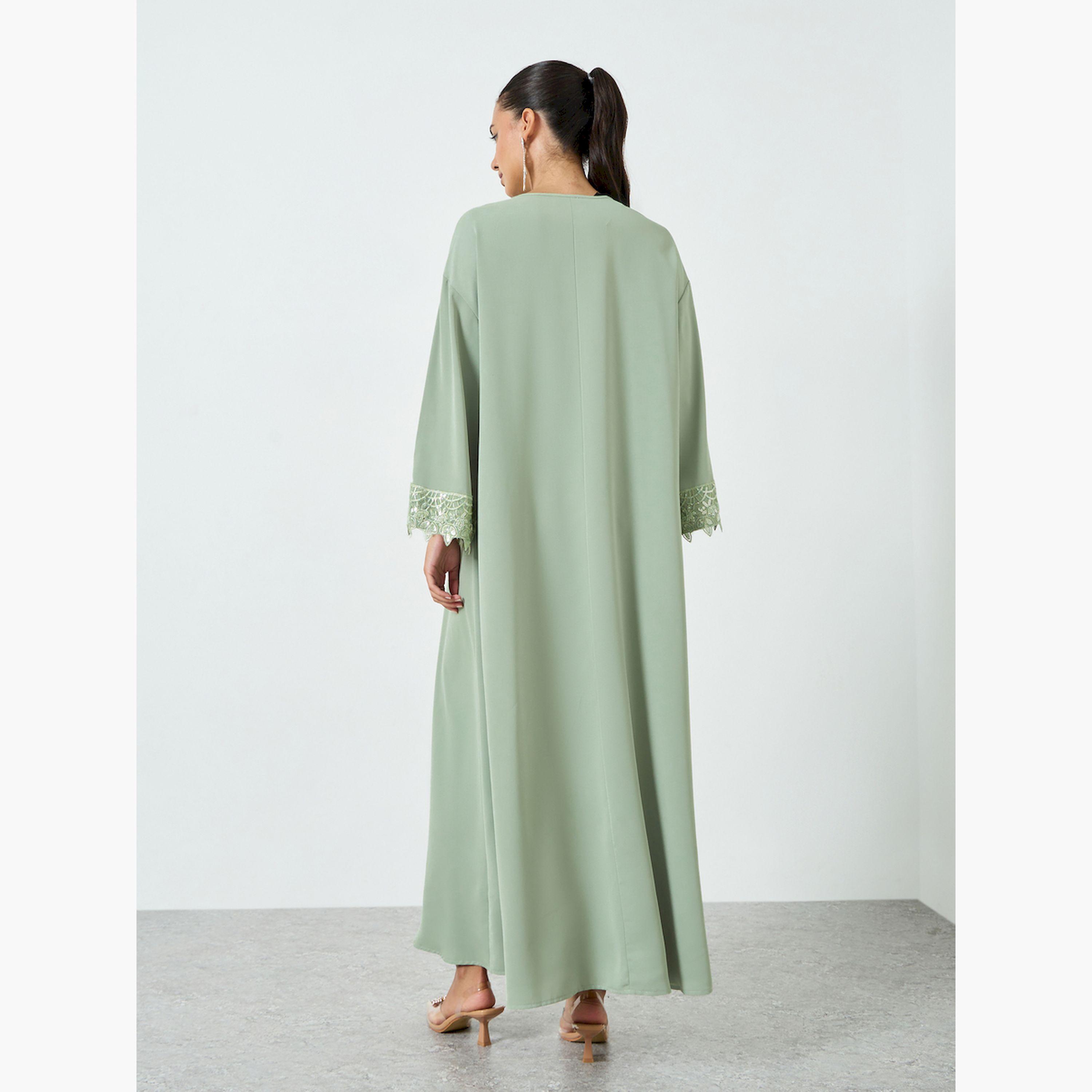 Styli Green Embroidered Lace Detail A-Line Jalabiya-women-arabicclothing-jalabiyas-image-5