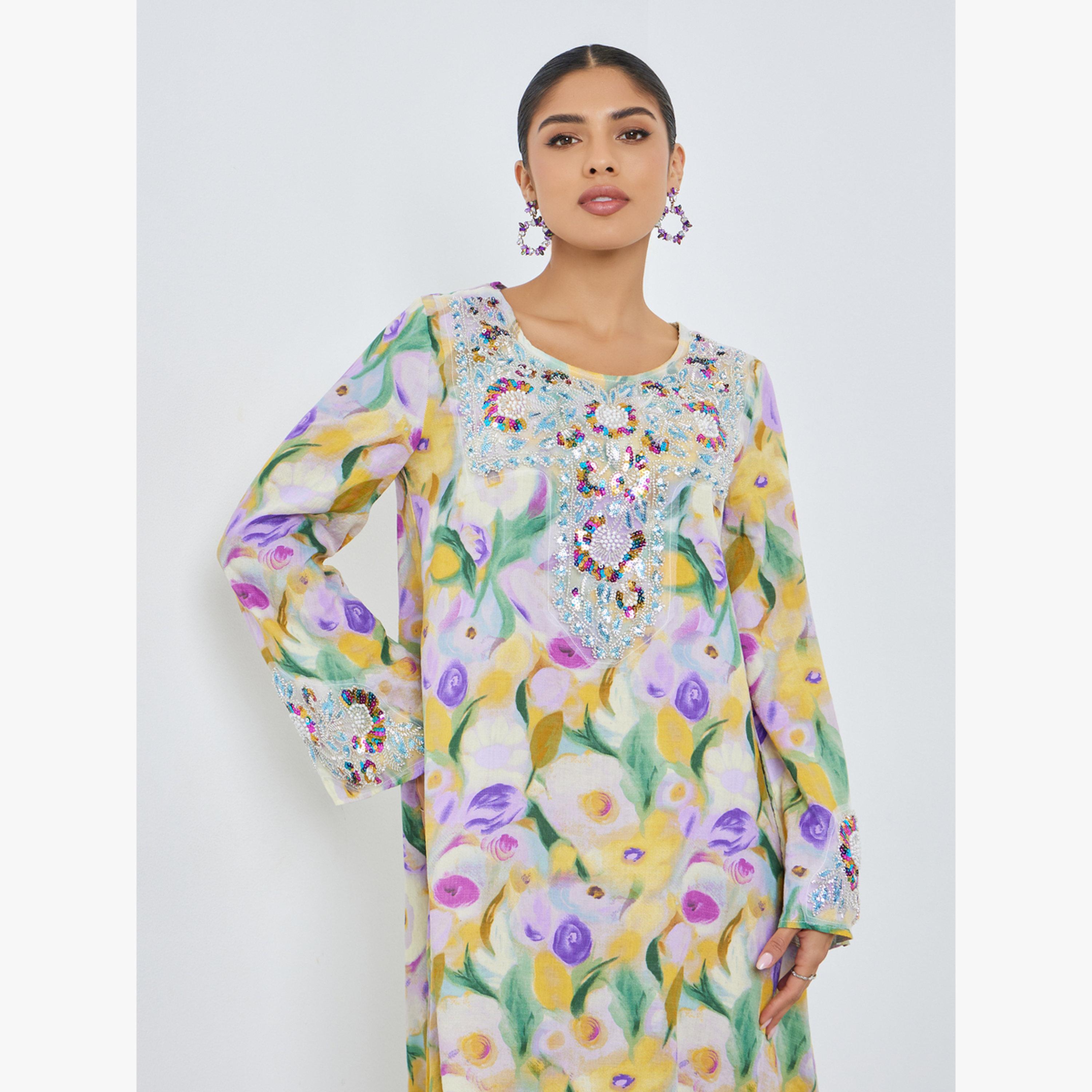 Styli Floral Print Beaded Mukhawar Jalabiya-women-arabicclothing-jalabiyas-image-2