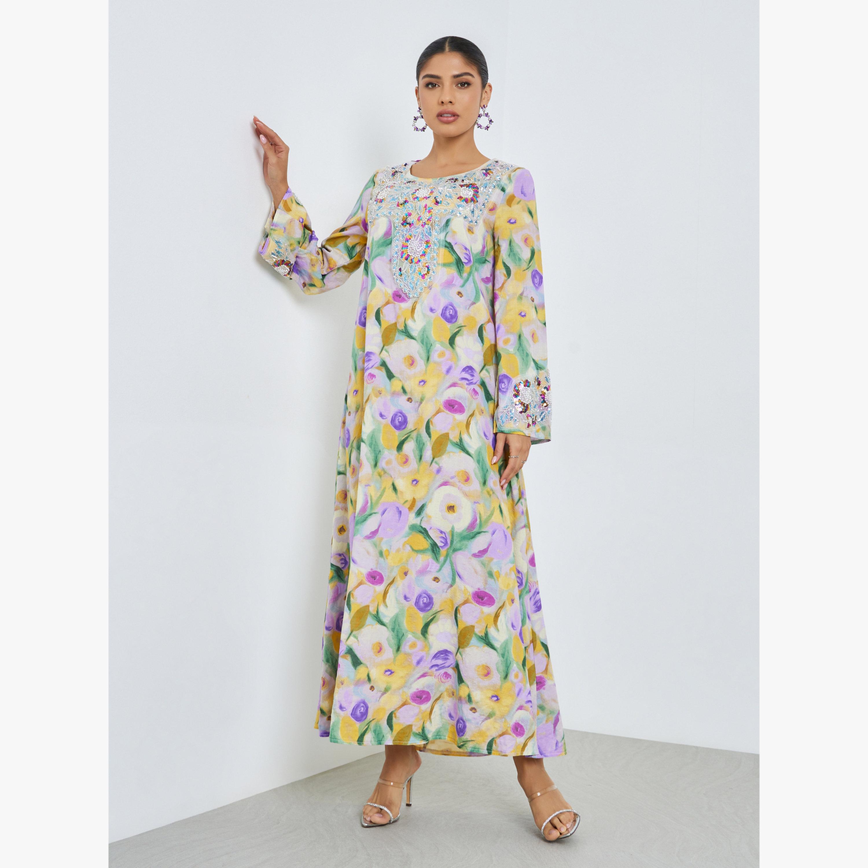 جلابية مخور مطرزة بالخرز وطبعة أزهار-women-arabicclothing-jalabiyas-image-3
