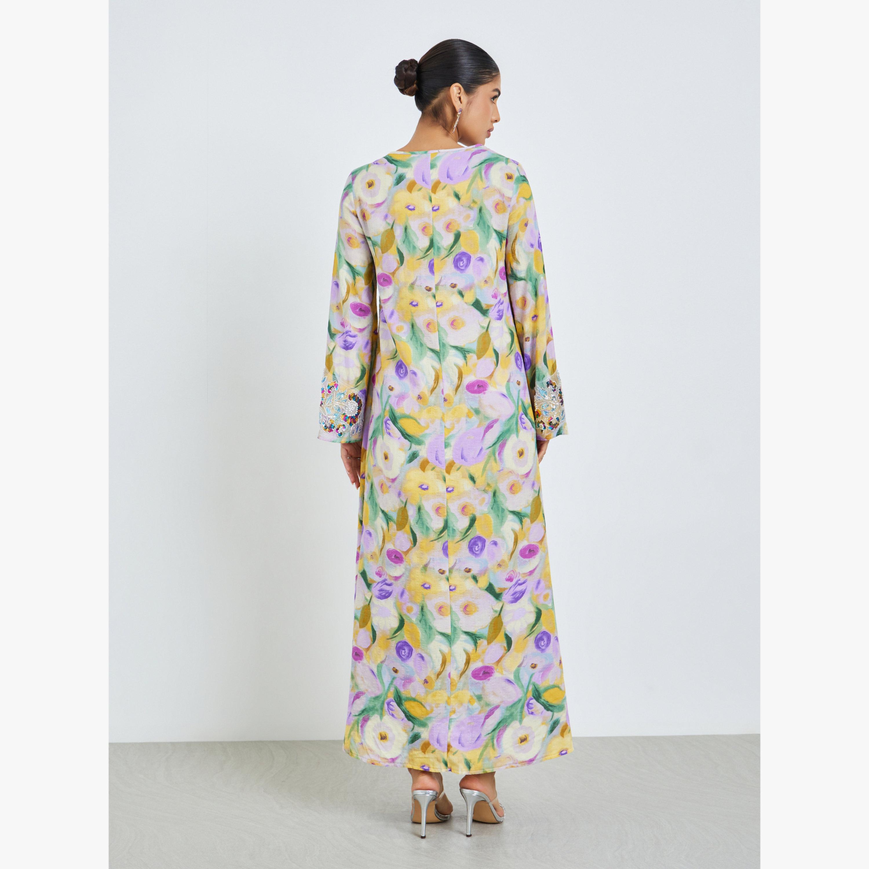 Styli Floral Print Beaded Mukhawar Jalabiya-women-arabicclothing-jalabiyas-image-4