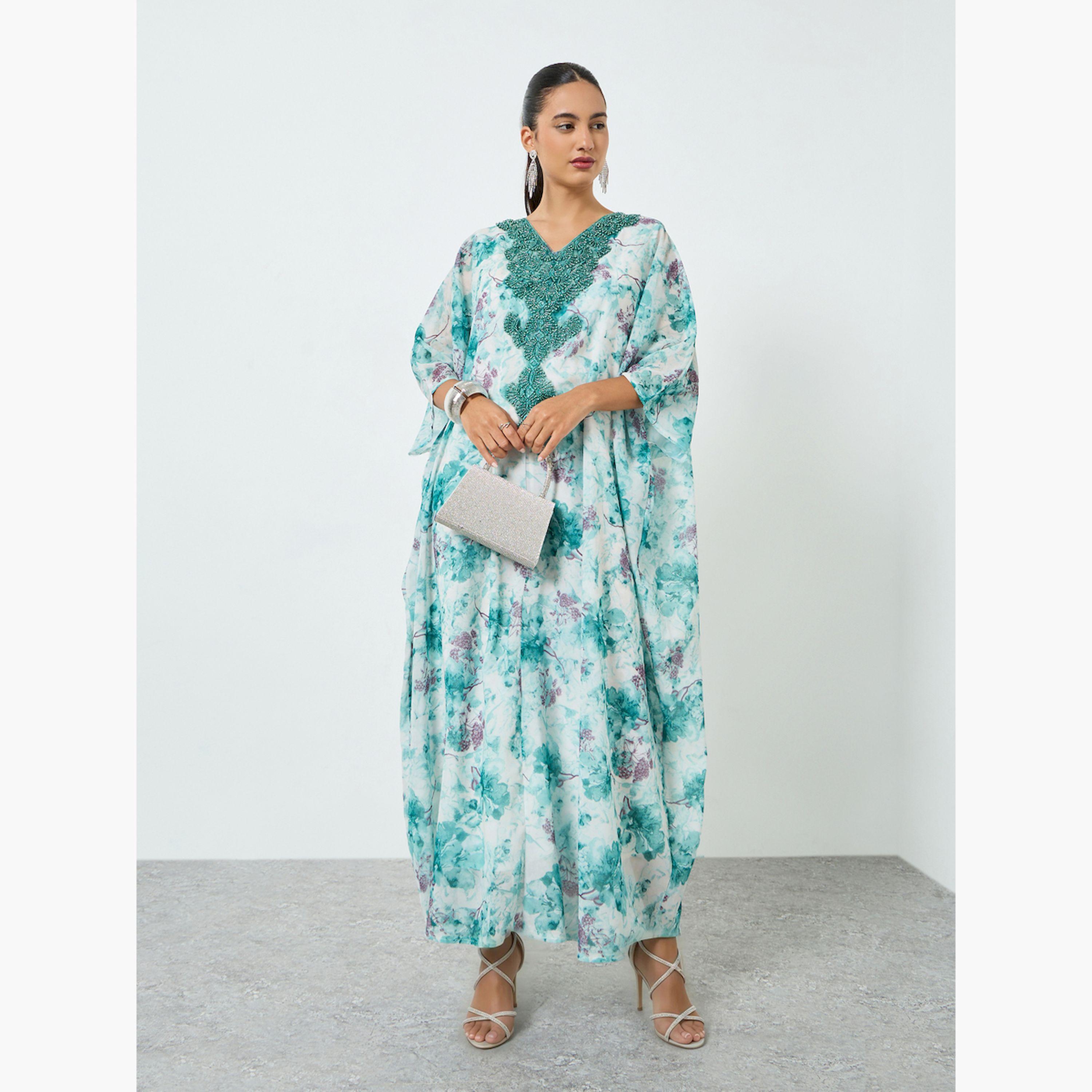 Styli Floral Printed Embroidered Neckline Kaftan-women-arabicclothing-kaftan-image-1