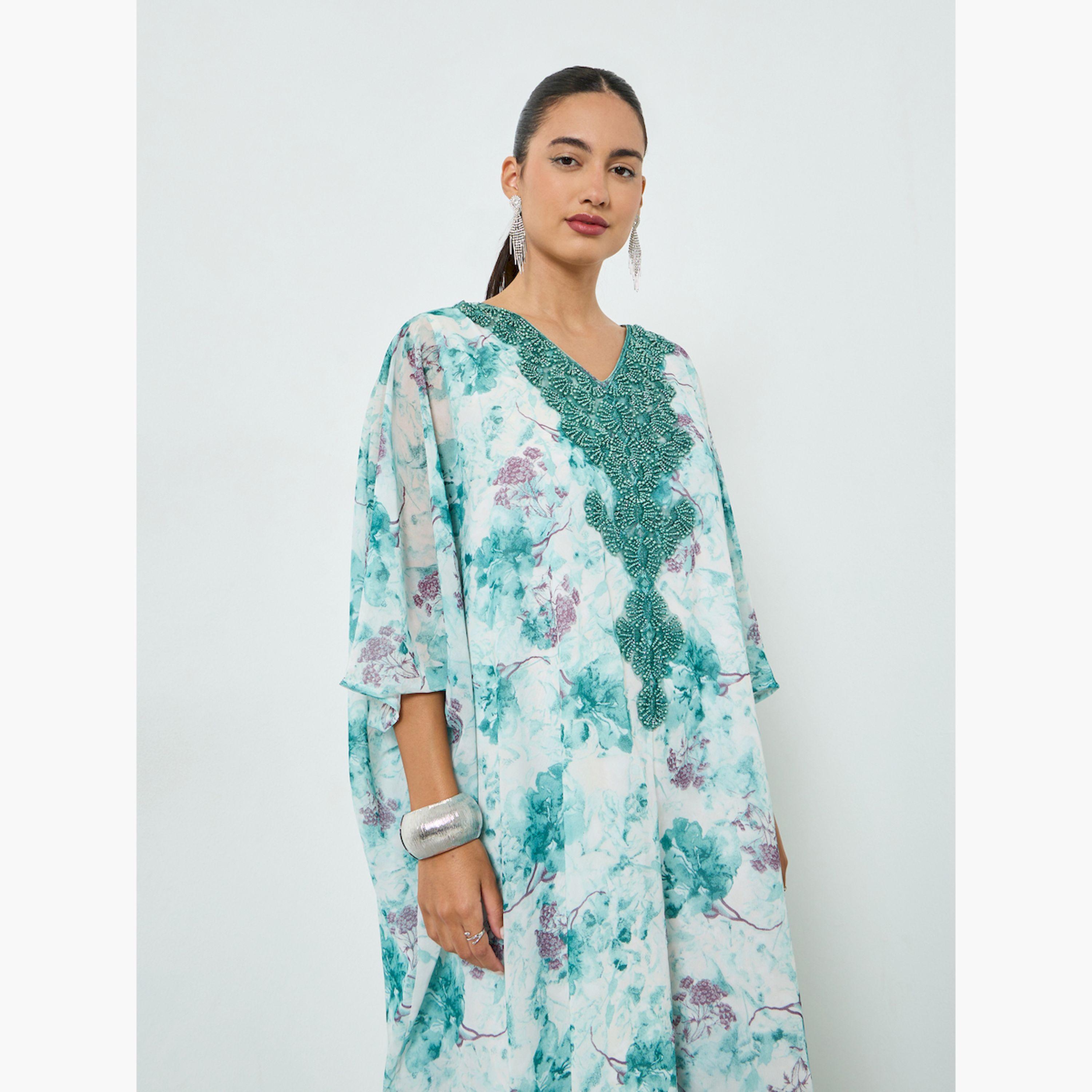 قفطان بياقة مُطرّزة وطبعة زهور-women-arabicclothing-kaftan-image-2