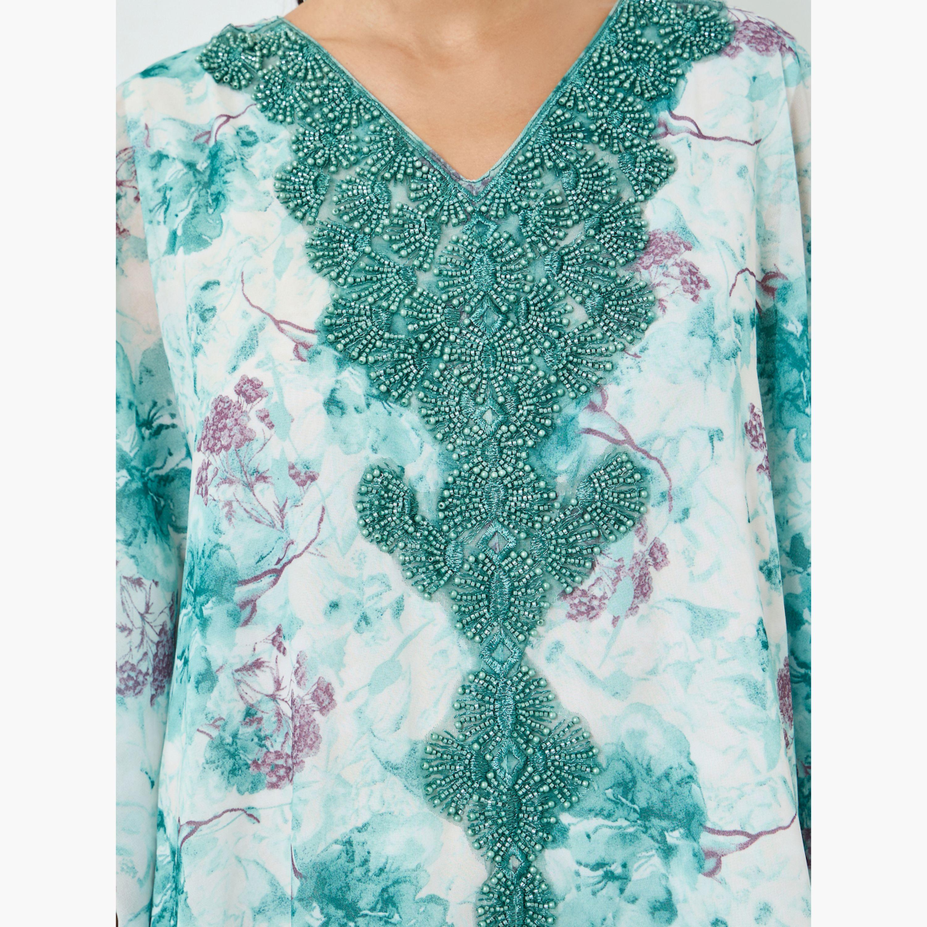 Styli Floral Printed Embroidered Neckline Kaftan-women-arabicclothing-kaftan-image-5