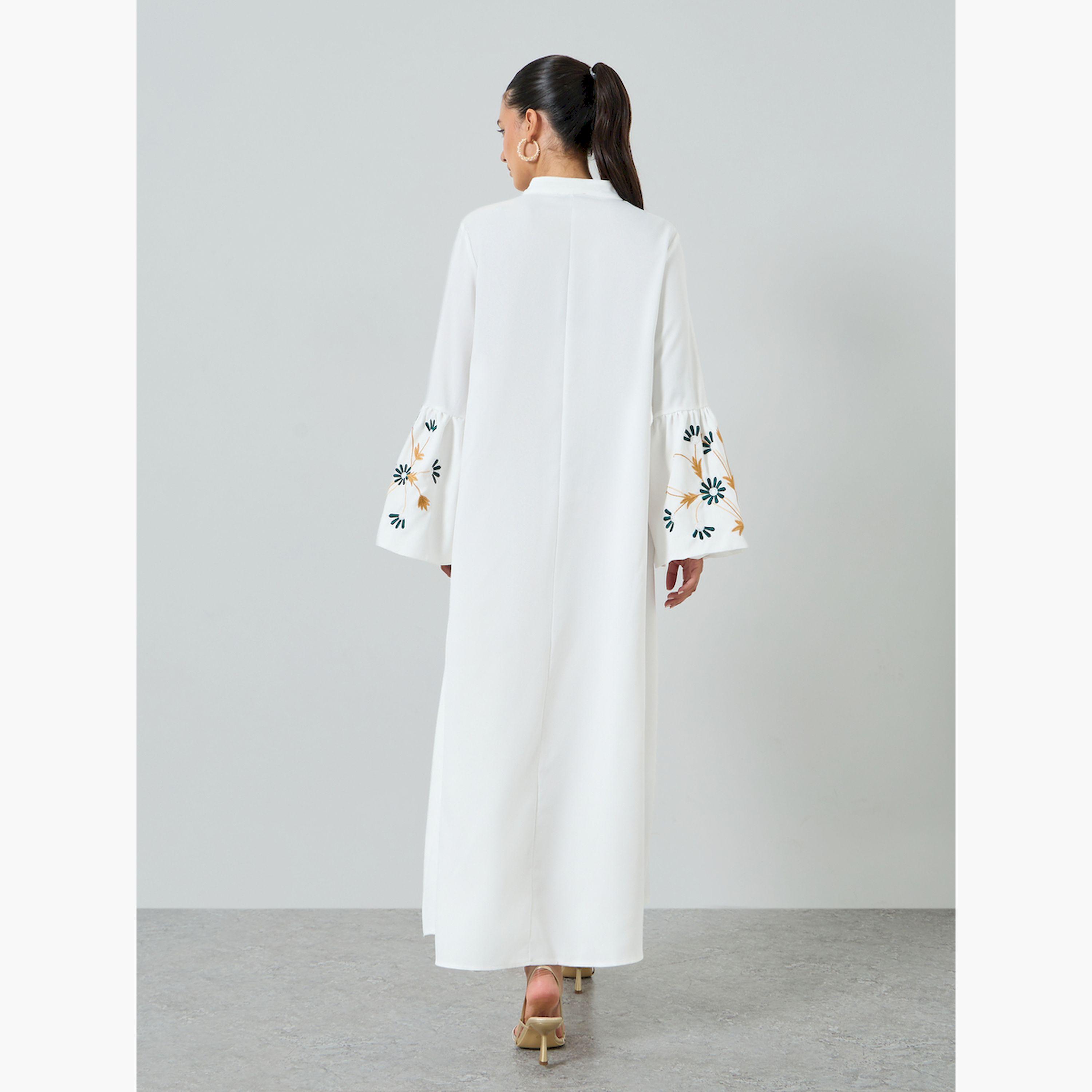 Styli White Embroidered Collared A-Line Jalabiya-women-arabicclothing-jalabiyas-image-5