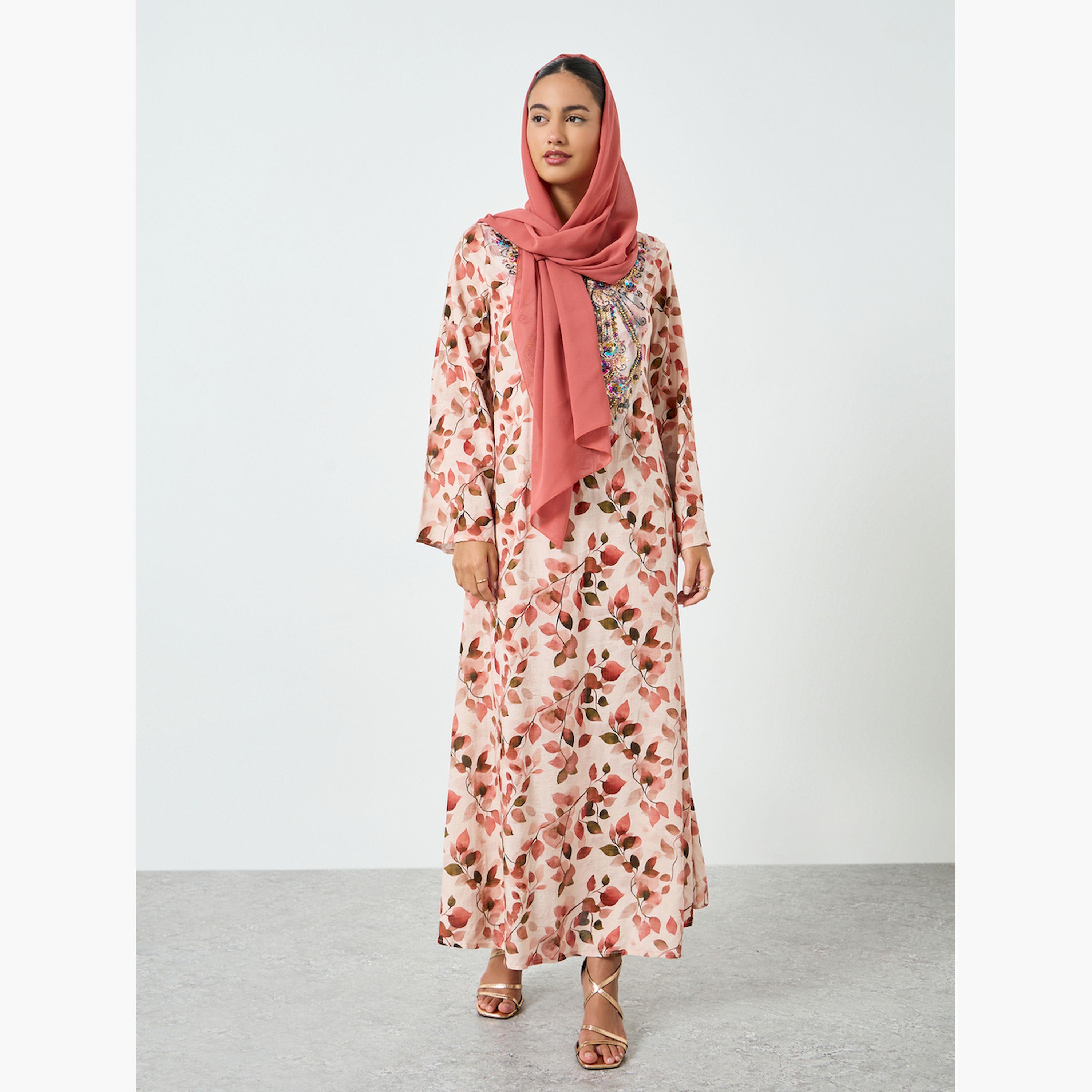 Styli Floral Printed Embroidered Mukhawar Jalabiya-women-arabicclothing-jalabiyas-image-2