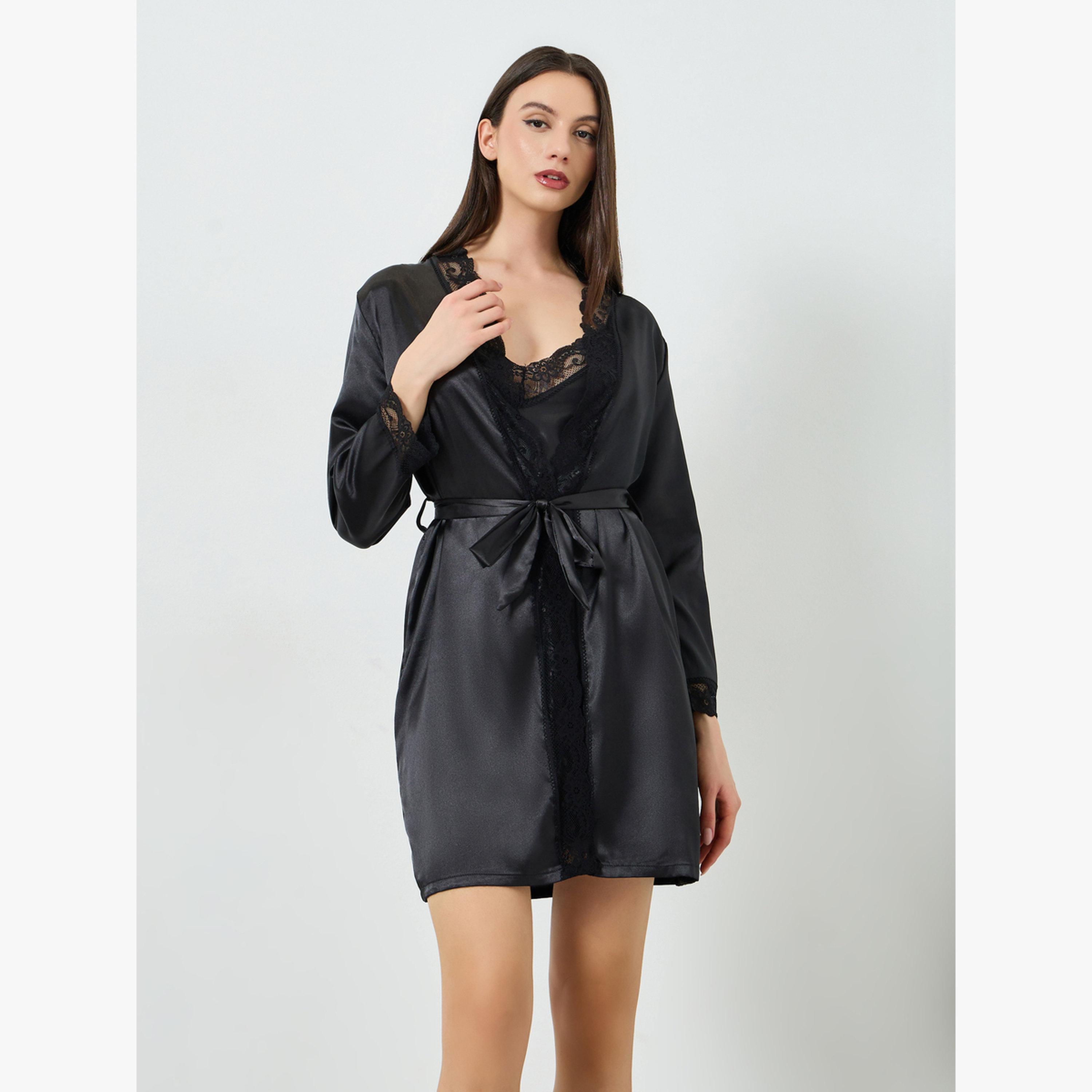 مجموعة من 2 روب وقميص نوم ساتان بتفاصيل دانتيل-women-clothing-nightwear-nighties-image-1