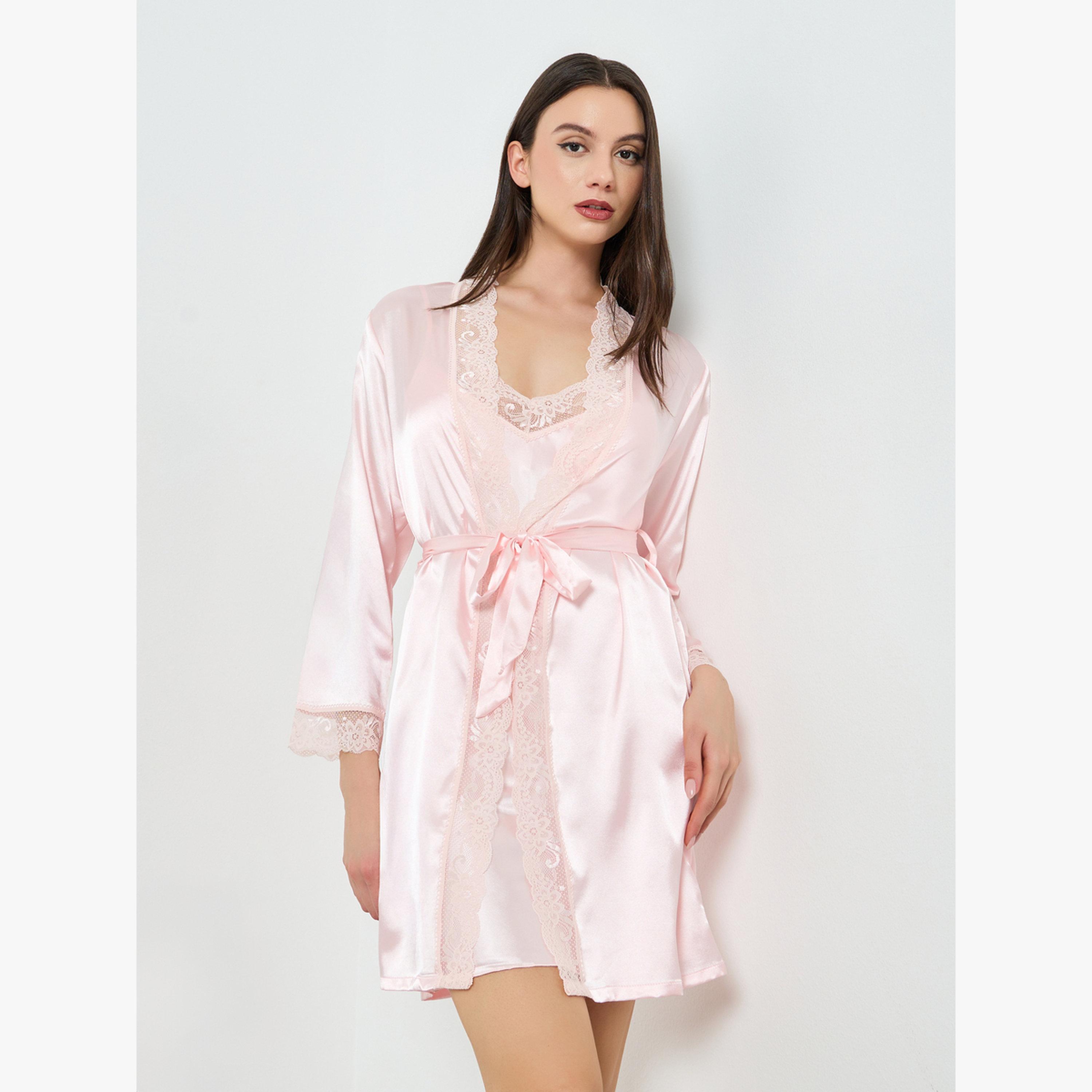 مجموعة من 2 روب وقميص نوم ساتان بتفاصيل دانتيل-women-clothing-nightwear-robes-image-1