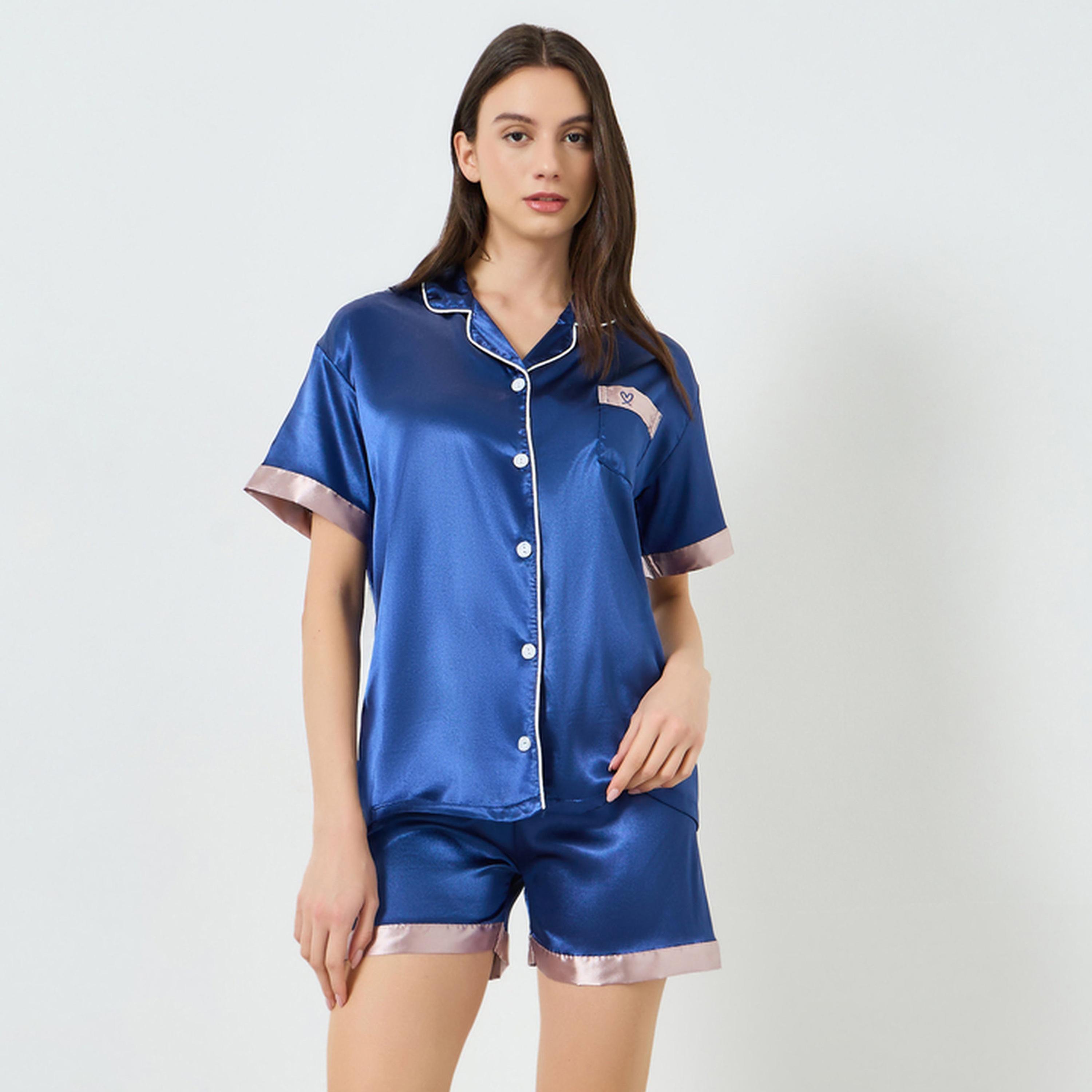 مجموعة من قميص ساتان بحواف متباينة وشورت-women-clothing-nightwear-pyjamas-shortsets-image-6