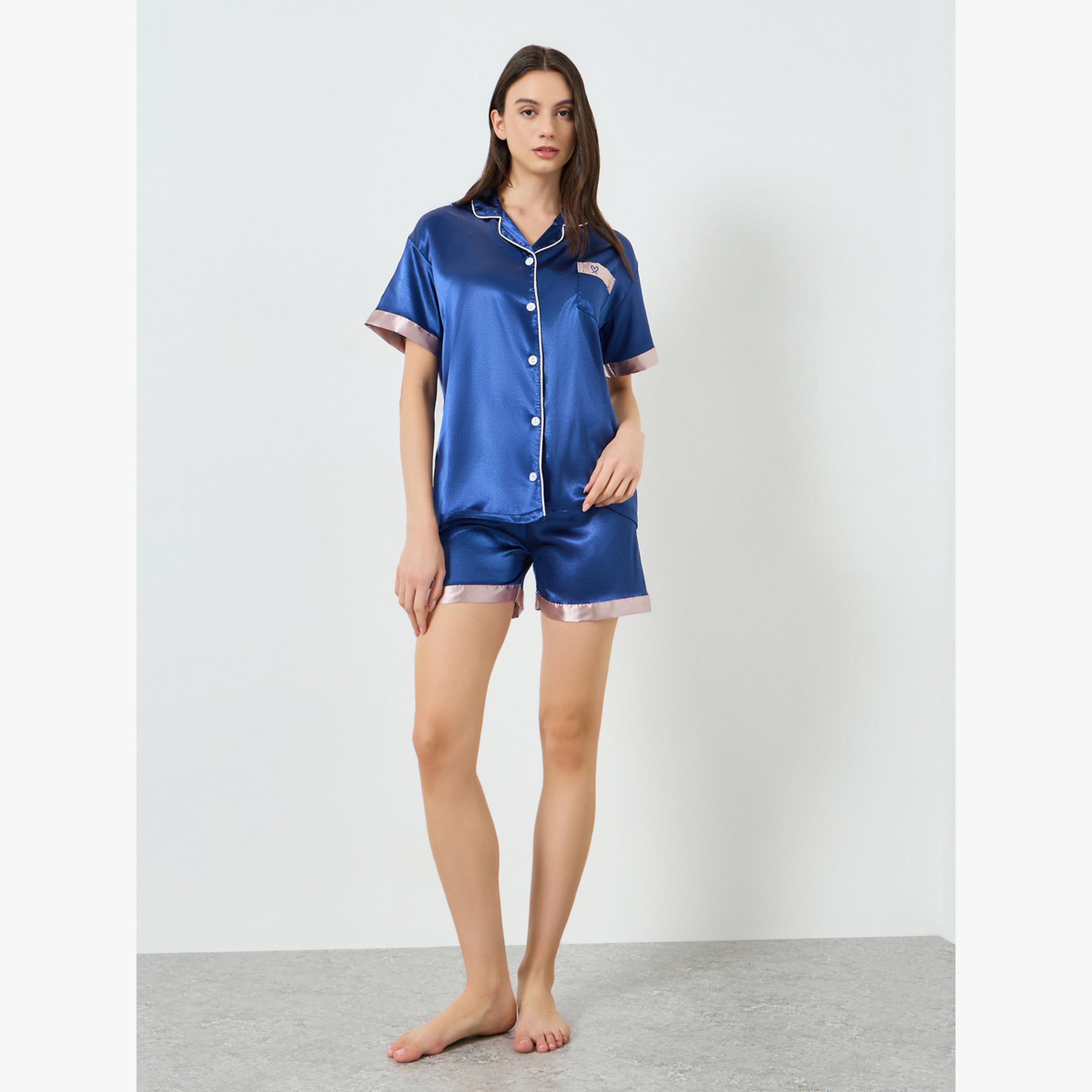 مجموعة من قميص ساتان بحواف متباينة وشورت-women-clothing-nightwear-pyjamas-shortsets-image-2