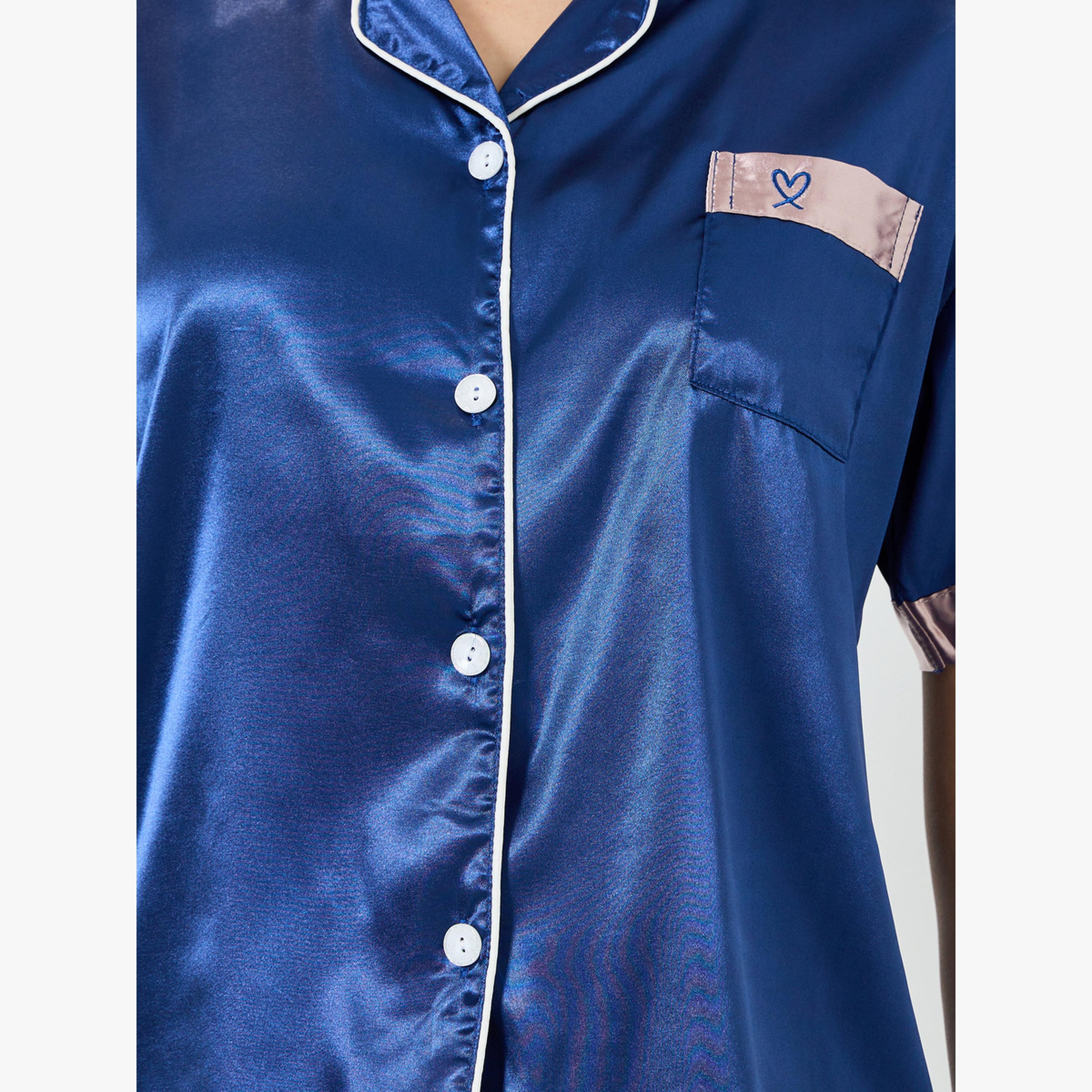 مجموعة من قميص ساتان بحواف متباينة وشورت-women-clothing-nightwear-pyjamas-shortsets-image-1