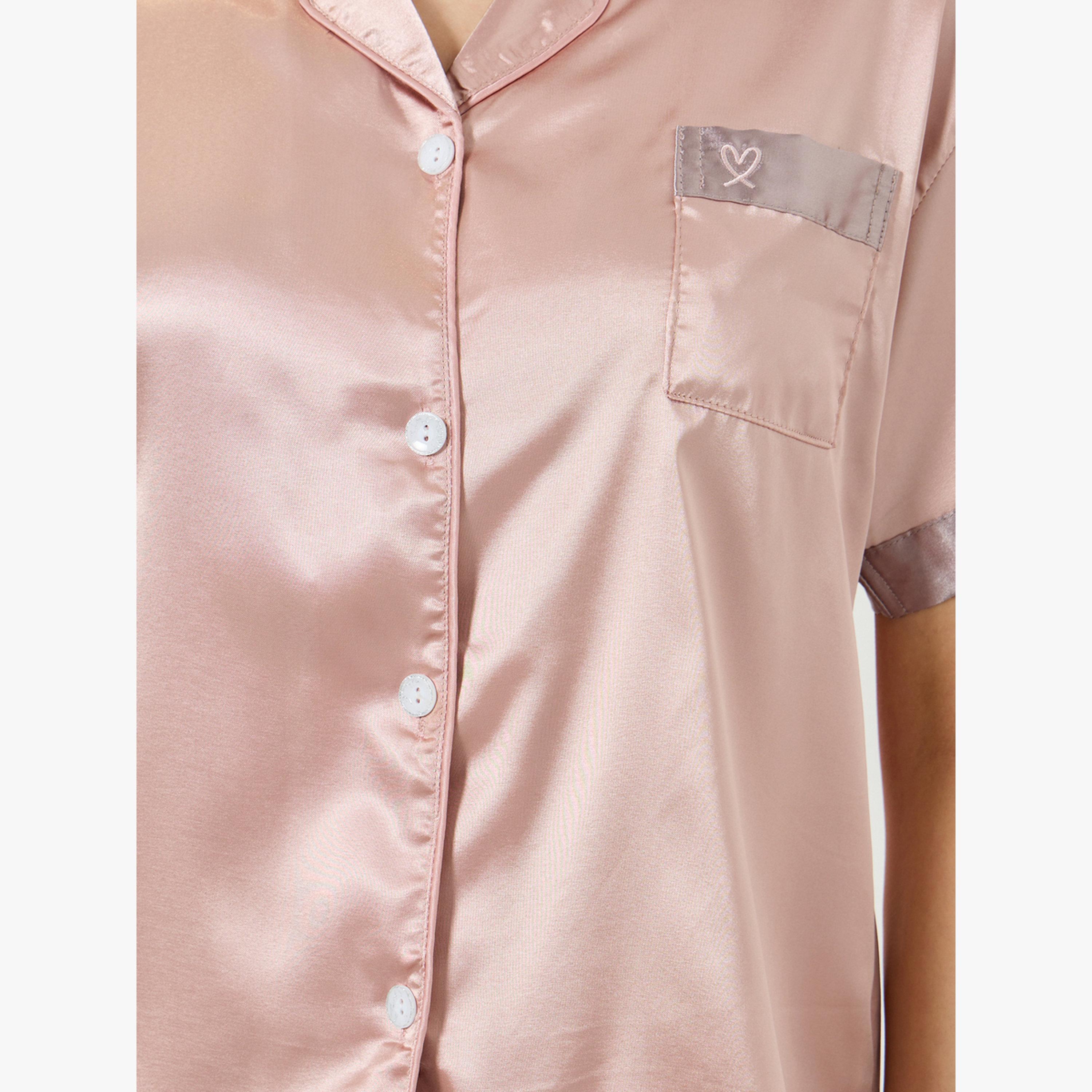 Styli Pink Contrast Edge Satin Shirt and Shorts Set-women-clothing-nightwear-pyjamas-shortsets-image-5