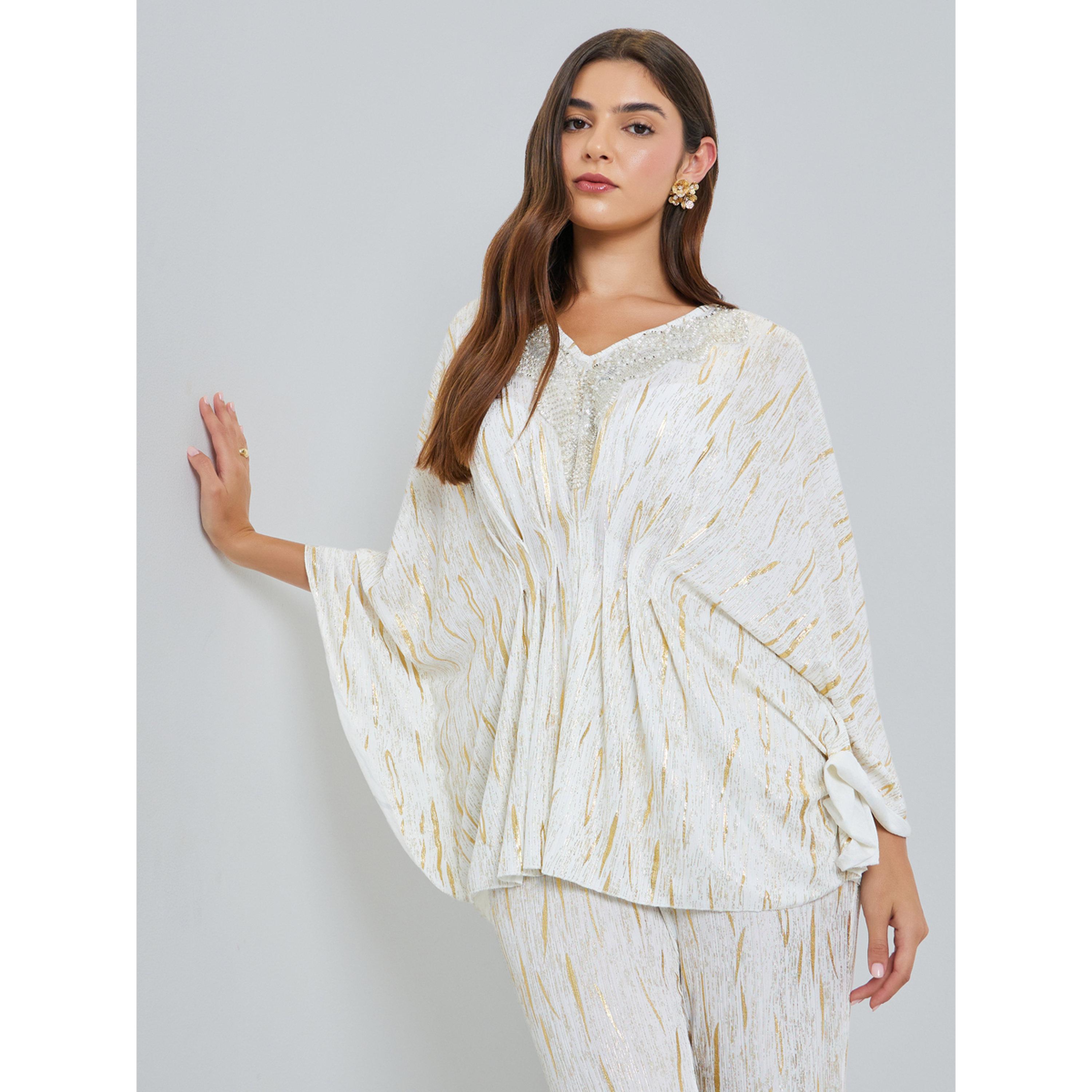 Styli Off-White Textured Kaftan Top with Foil Print-women-clothing-shirtsandblouses-blouses-image-1