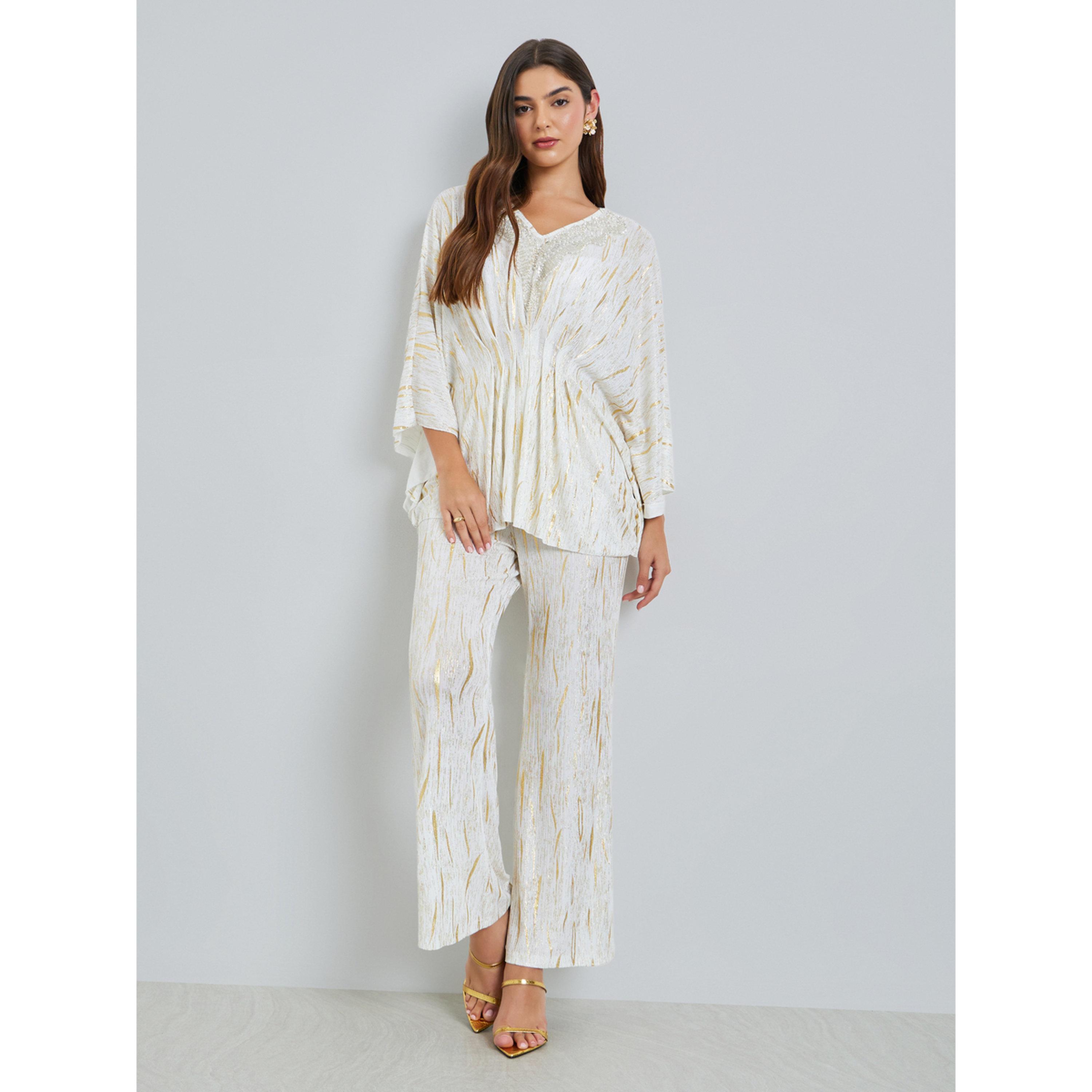 Styli Off-White Textured Kaftan Top with Foil Print-women-clothing-shirtsandblouses-blouses-image-2