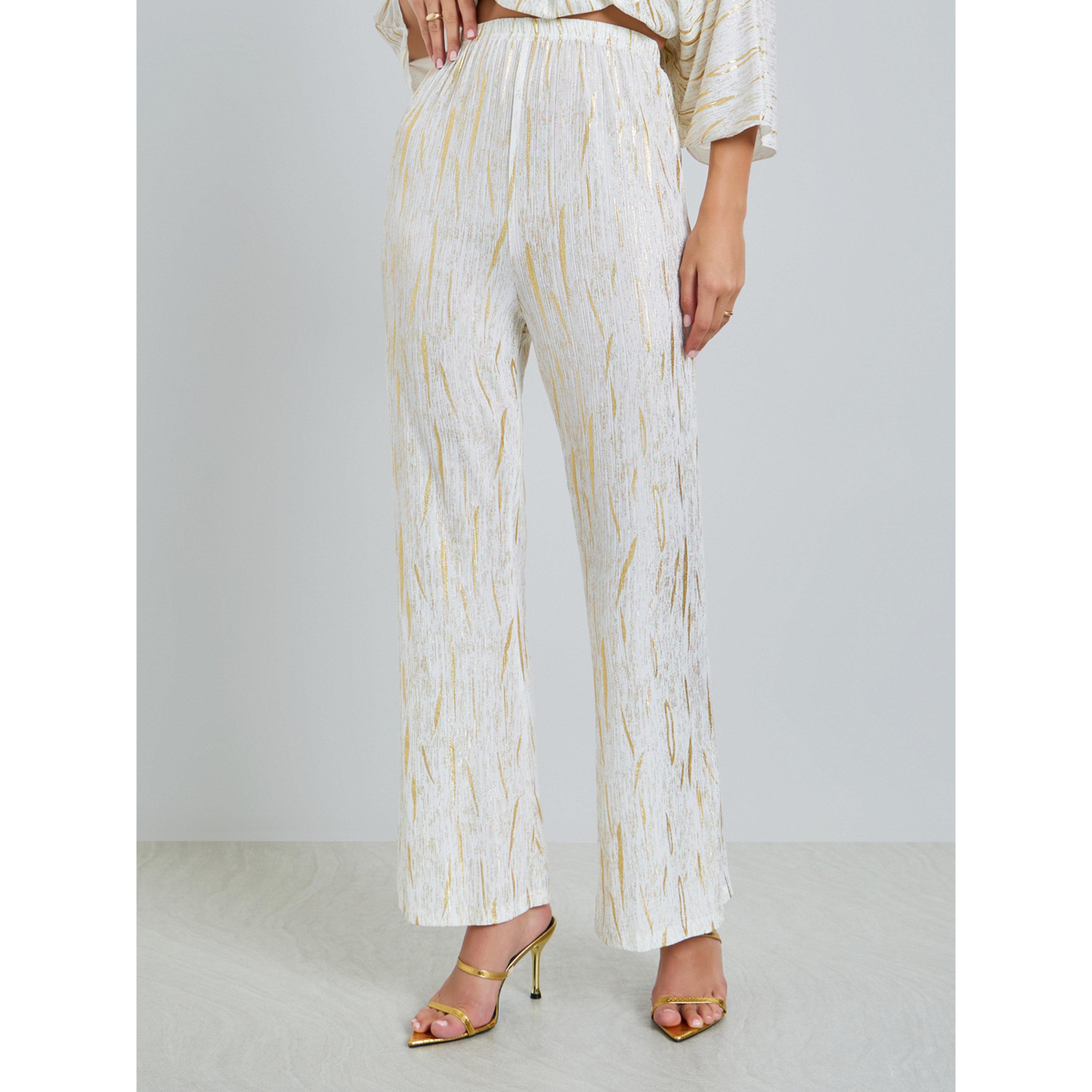 Styli Off White Textured Foil Print Wide Leg Trousers-women-clothing-bottoms-joggers-image-1