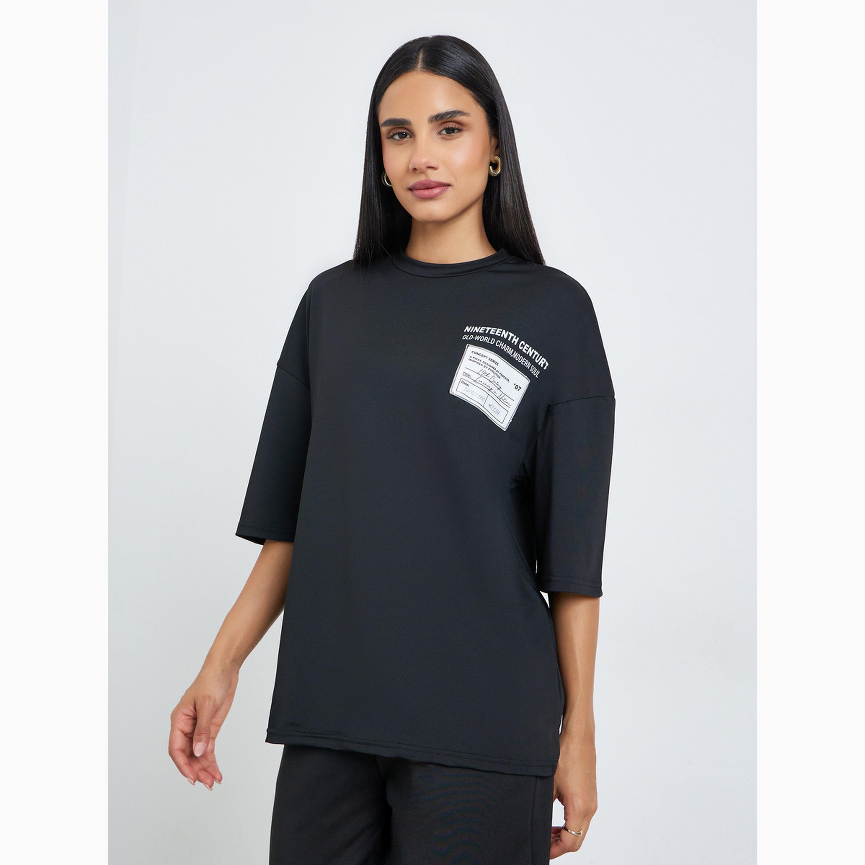 Styli Black Patch Label Graphic Oversized T-Shirt-women-clothing-tshirts-image-1
