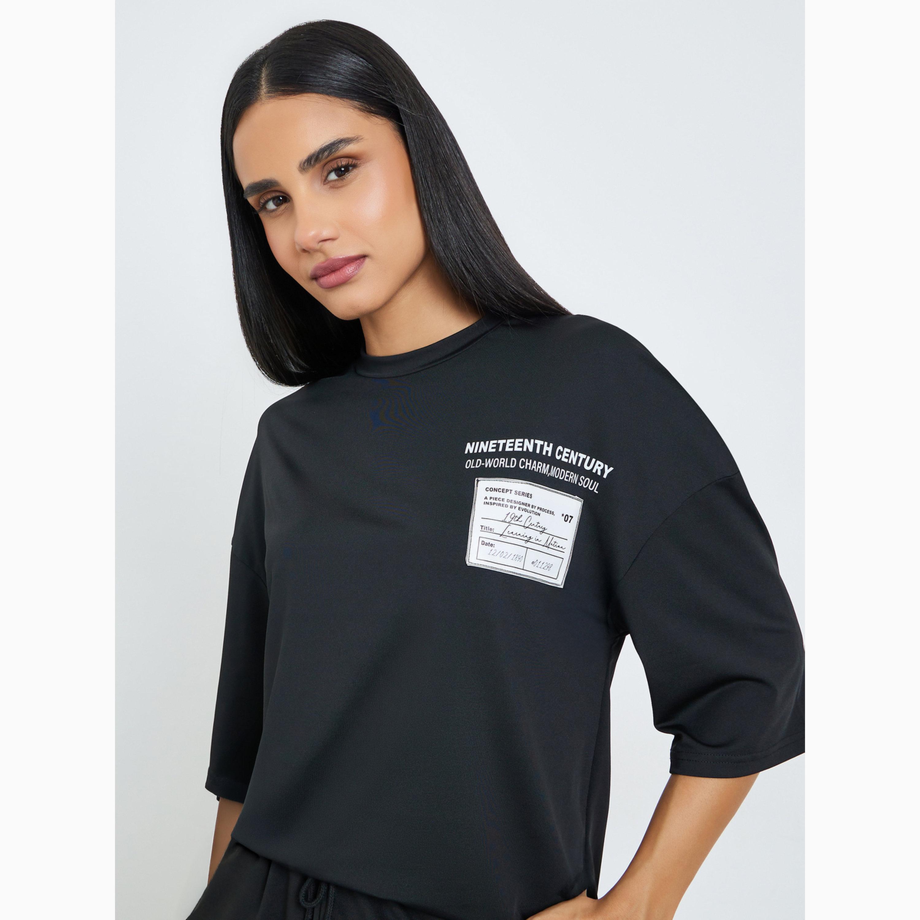 Styli Black Patch Label Graphic Oversized T-Shirt-women-clothing-tshirts-image-4