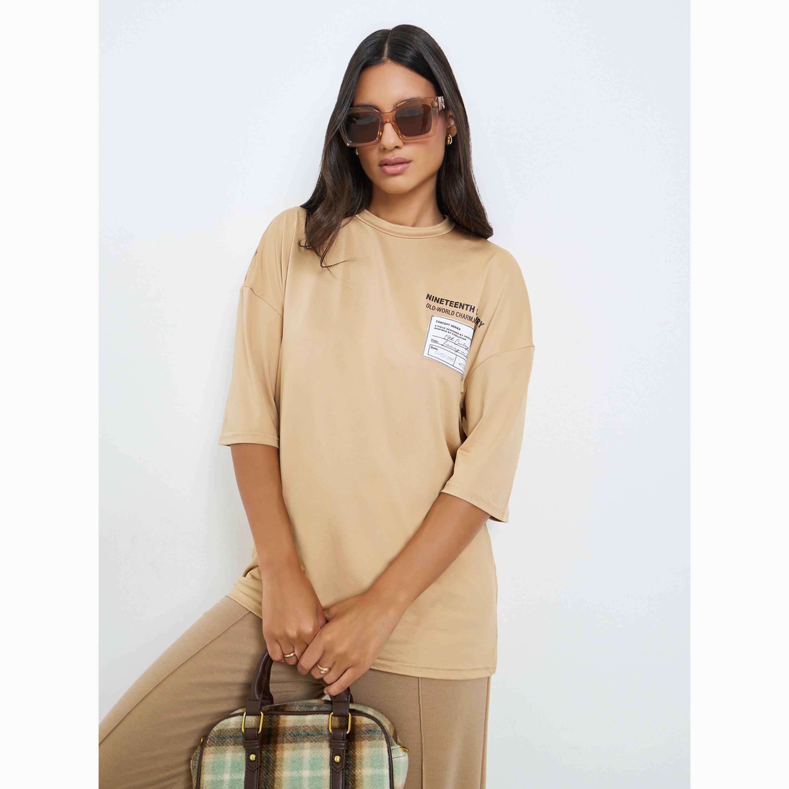 Styli Beige Patch Label Graphic Oversized T-Shirt-women-clothing-tshirts-image-1