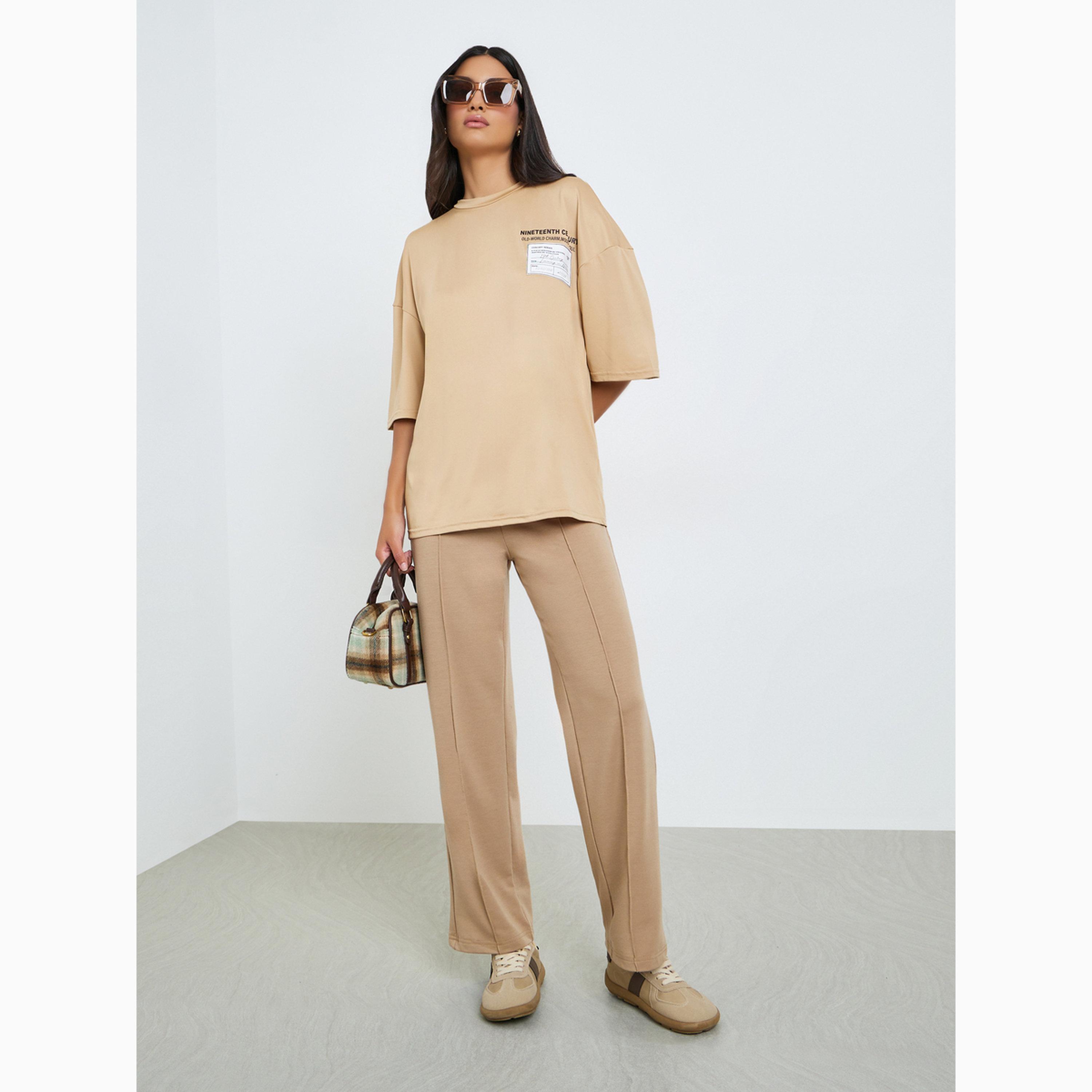 Styli Beige Patch Label Graphic Oversized T-Shirt-women-clothing-tshirts-image-2