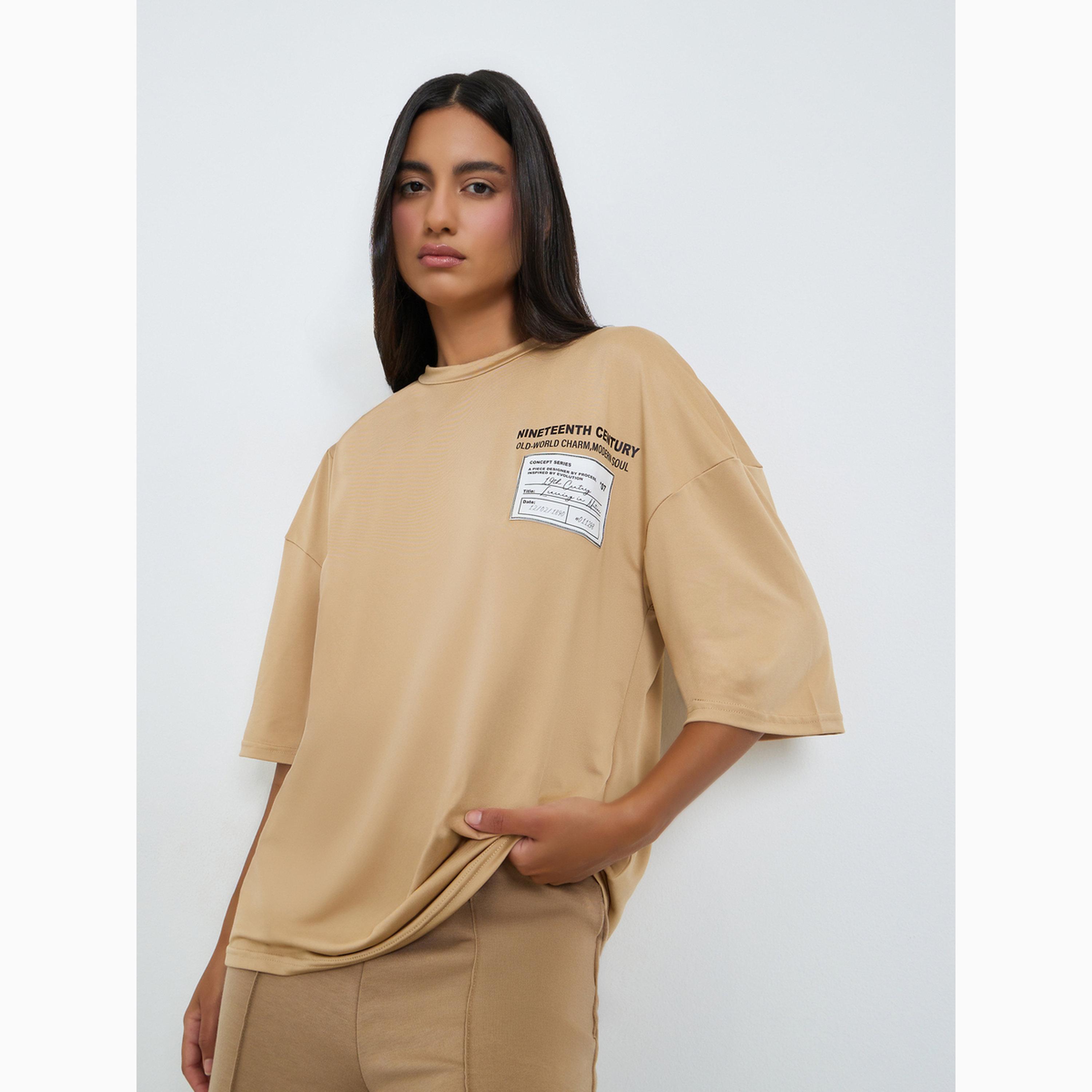 Styli Beige Patch Label Graphic Oversized T-Shirt-women-clothing-tshirts-image-3