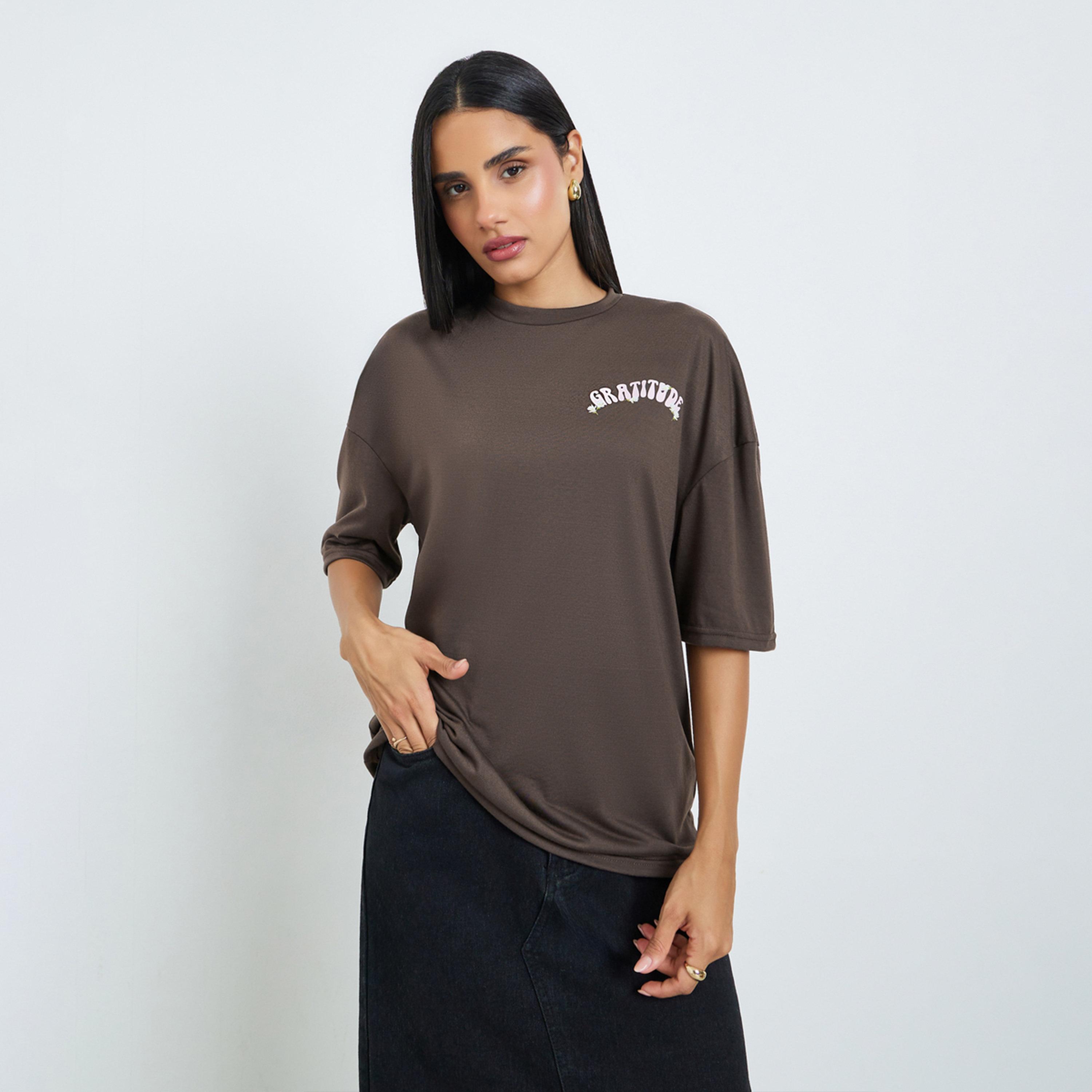 Styli Brown Floral Graditude Front and Back Graphic Oversized T-Shirt-women-clothing-tshirts-image-1
