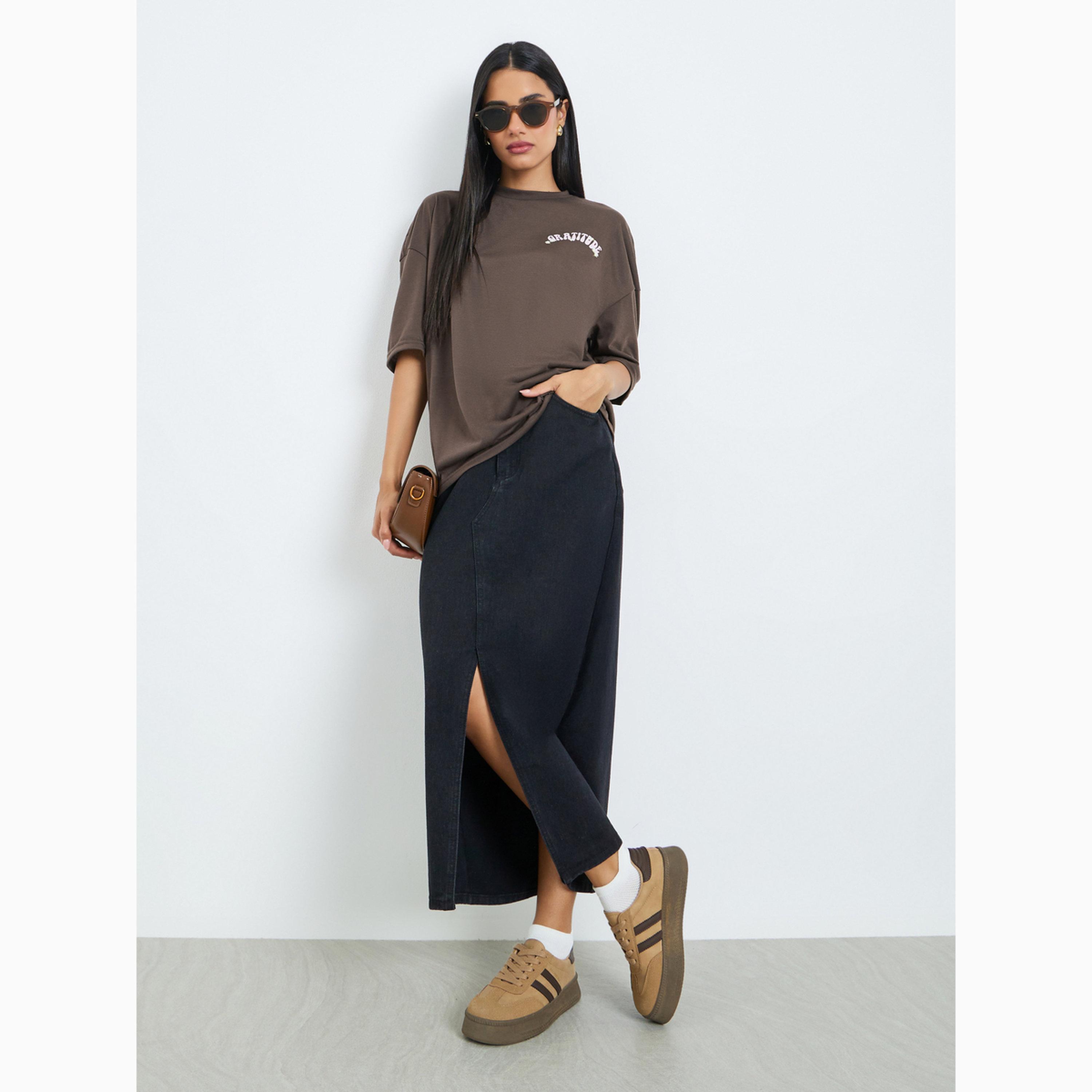 Styli Brown Floral Graditude Front and Back Graphic Oversized T-Shirt-women-clothing-tshirts-image-2