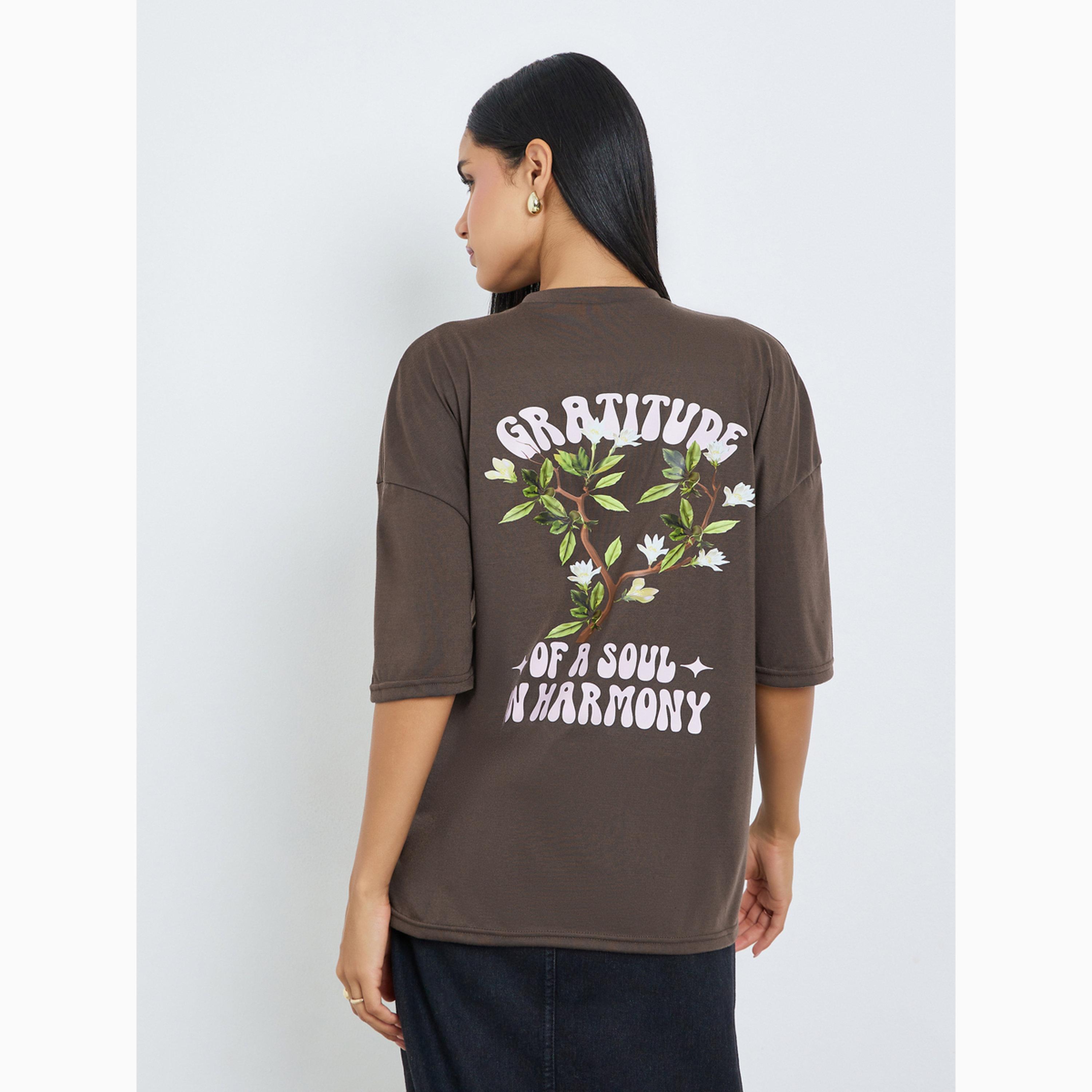 Styli Brown Floral Graditude Front and Back Graphic Oversized T-Shirt-women-clothing-tshirts-image-5