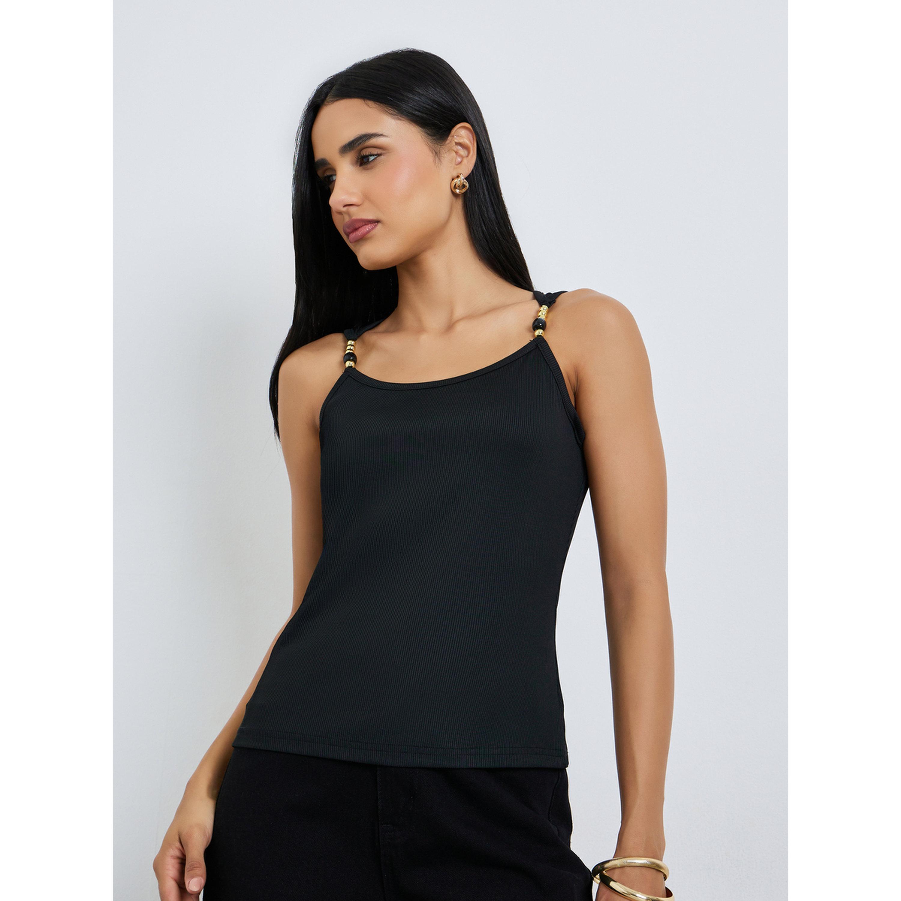 Styli Black Ribbed Bead Detail Fitted Tank-women-clothing-shirtsandblouses-blouses-image-1