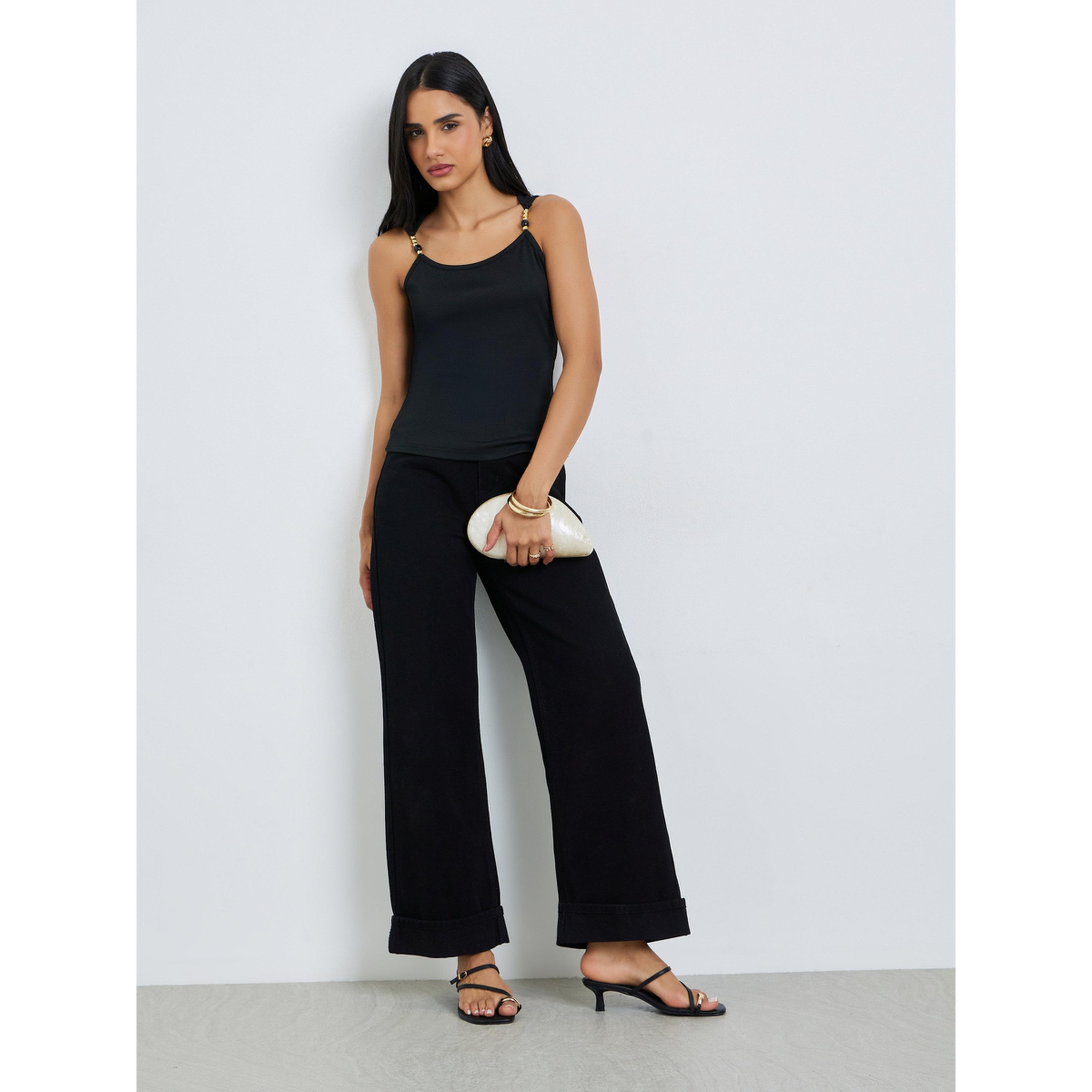 Styli Black Ribbed Bead Detail Fitted Tank-women-clothing-shirtsandblouses-blouses-image-2