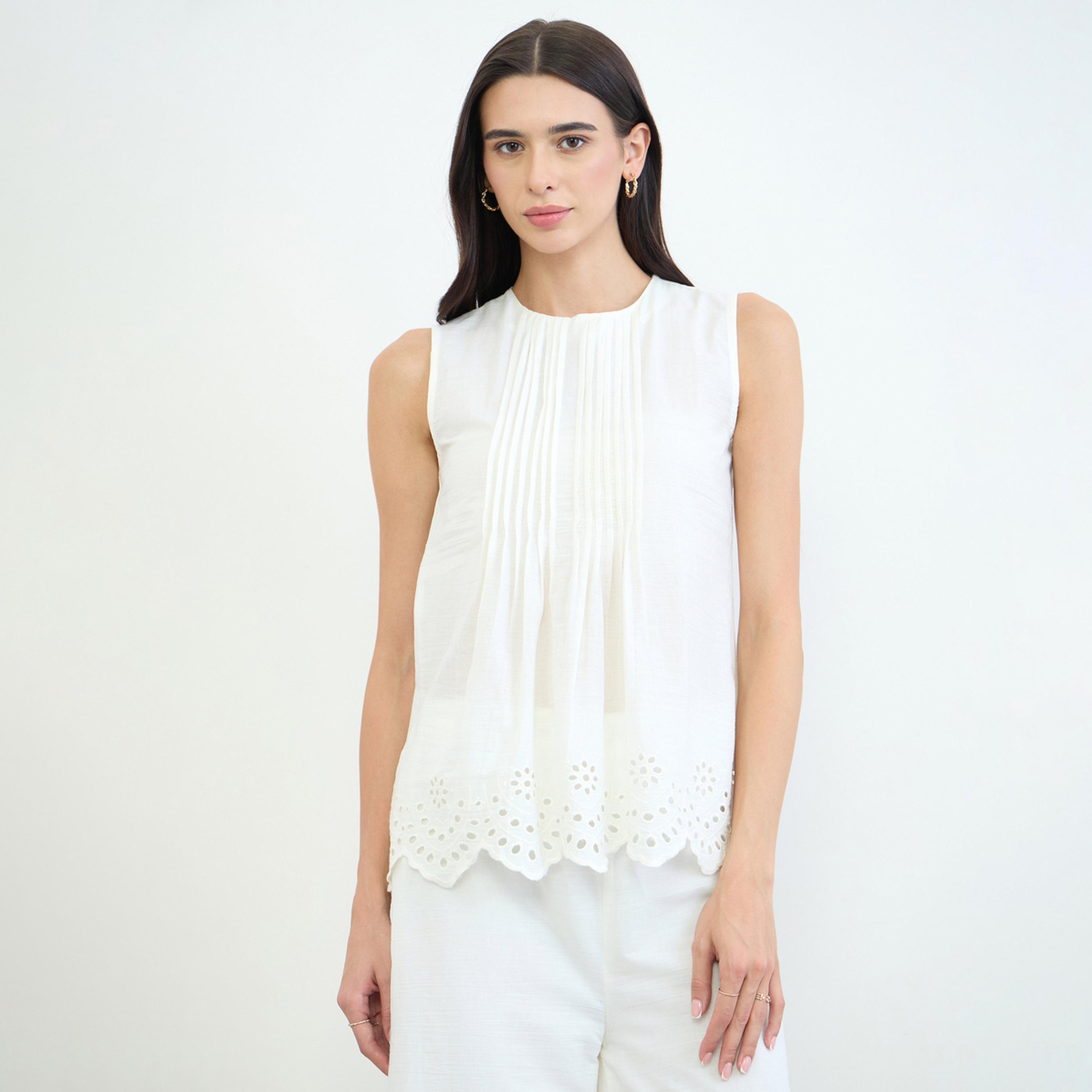 Styli Off White Pintuck Schiffli Hem Top-women-clothing-shirtsandblouses-blouses-image-1