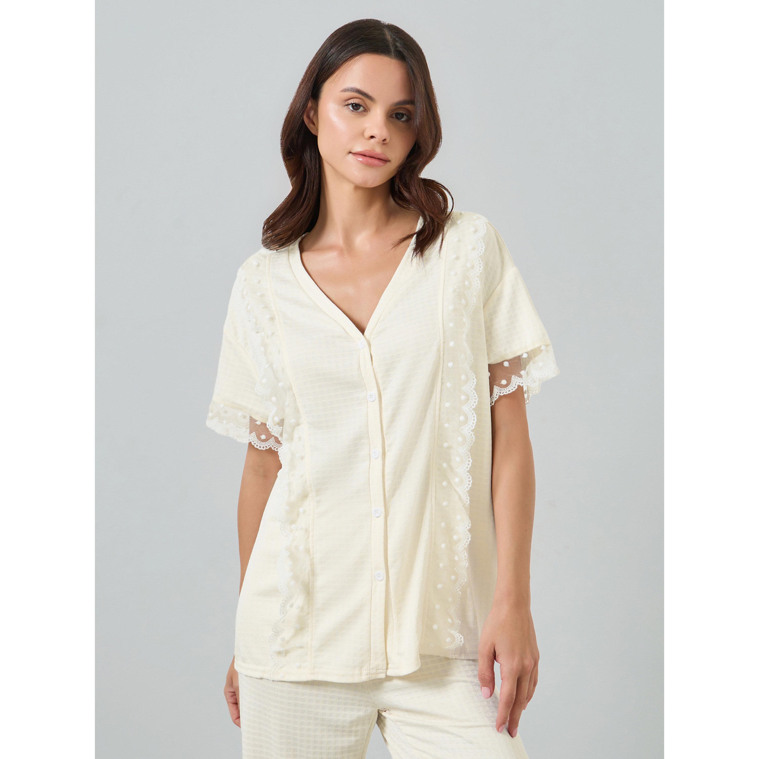 طقم بيجاما من قميص بارز الملمس بتفاصيل دانتيل-women-clothing-nightwear-pyjamas-longsets-image-2