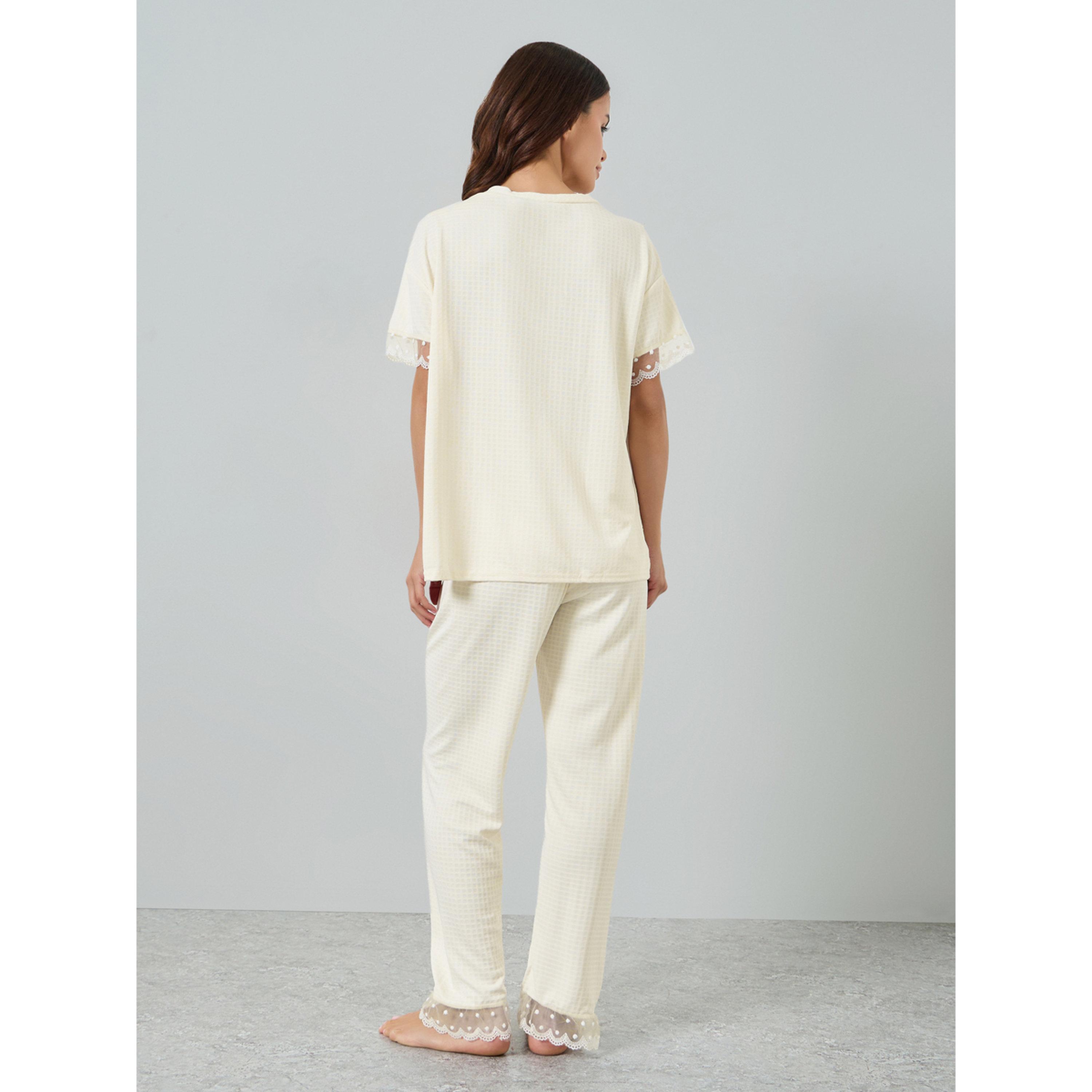 طقم بيجاما من قميص بارز الملمس بتفاصيل دانتيل-women-clothing-nightwear-pyjamas-longsets-image-3