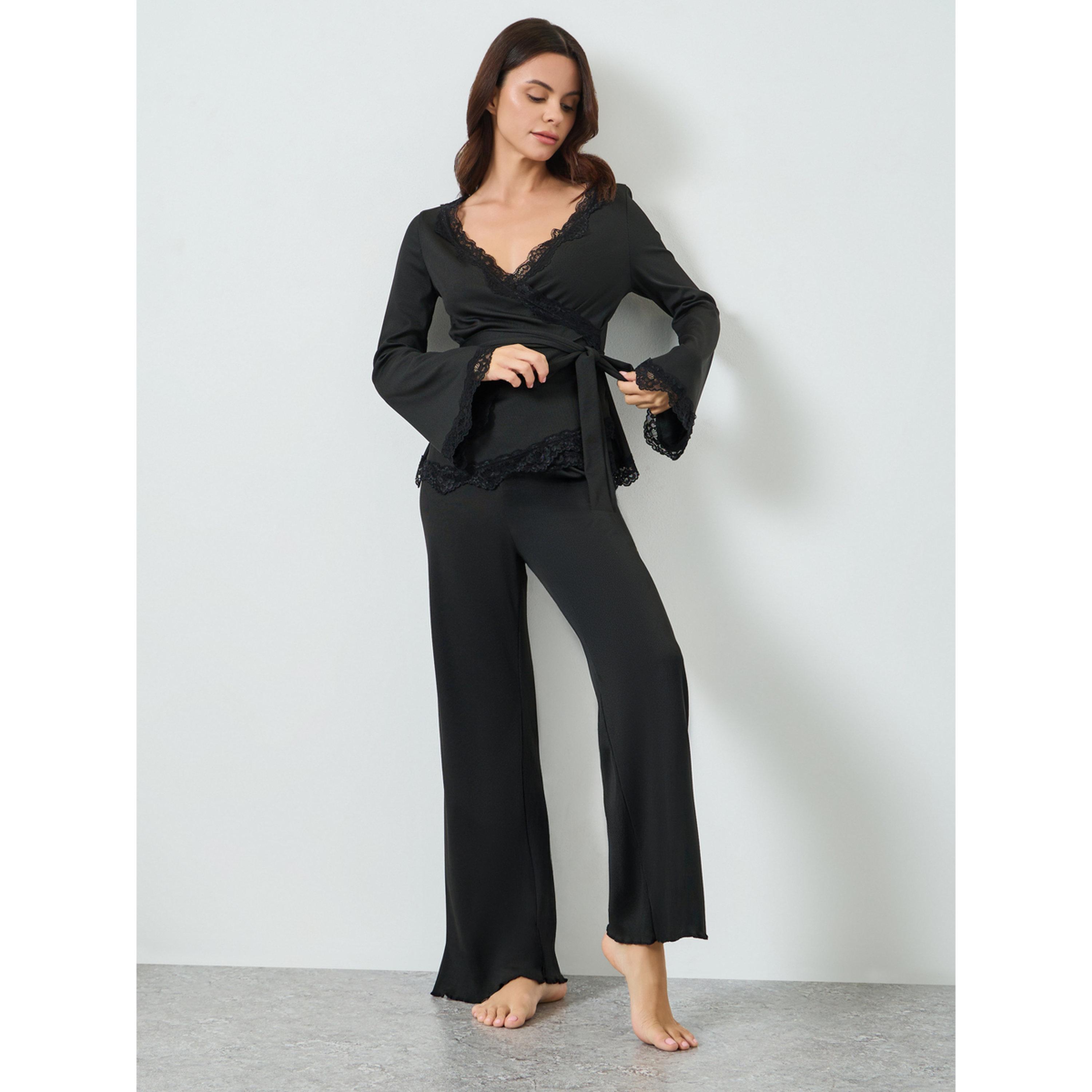 Styli Black Lace Trim Wrap Tie Front Top and Pyjama Set-women-clothing-nightwear-pyjamas-longsets-image-1