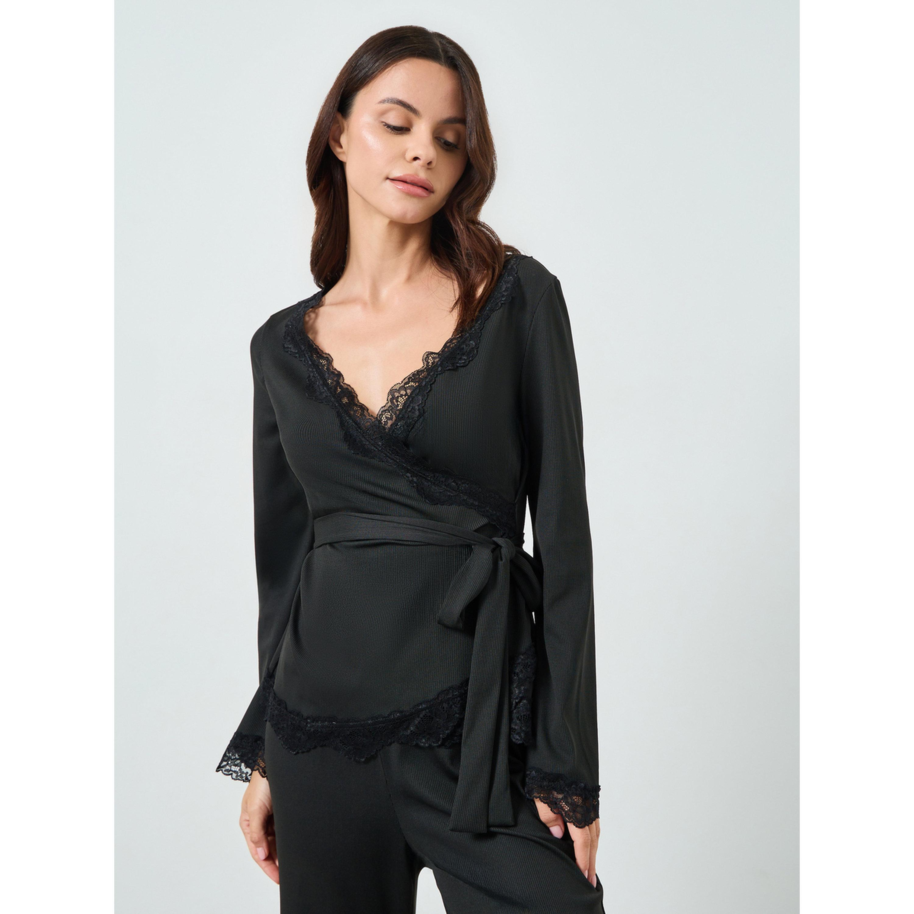 طقم بيجاما من بلوزة بتفاصيل دانتيل ورباط أمامي-women-clothing-nightwear-pyjamas-longsets-image-2