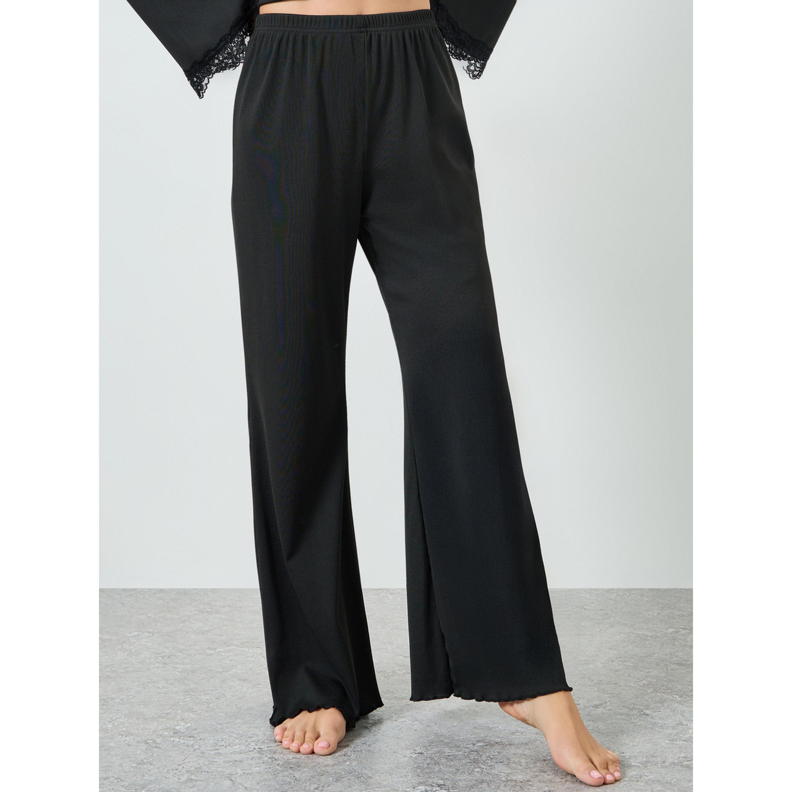Styli Black Lace Trim Wrap Tie Front Top and Pyjama Set-women-clothing-nightwear-pyjamas-longsets-image-4