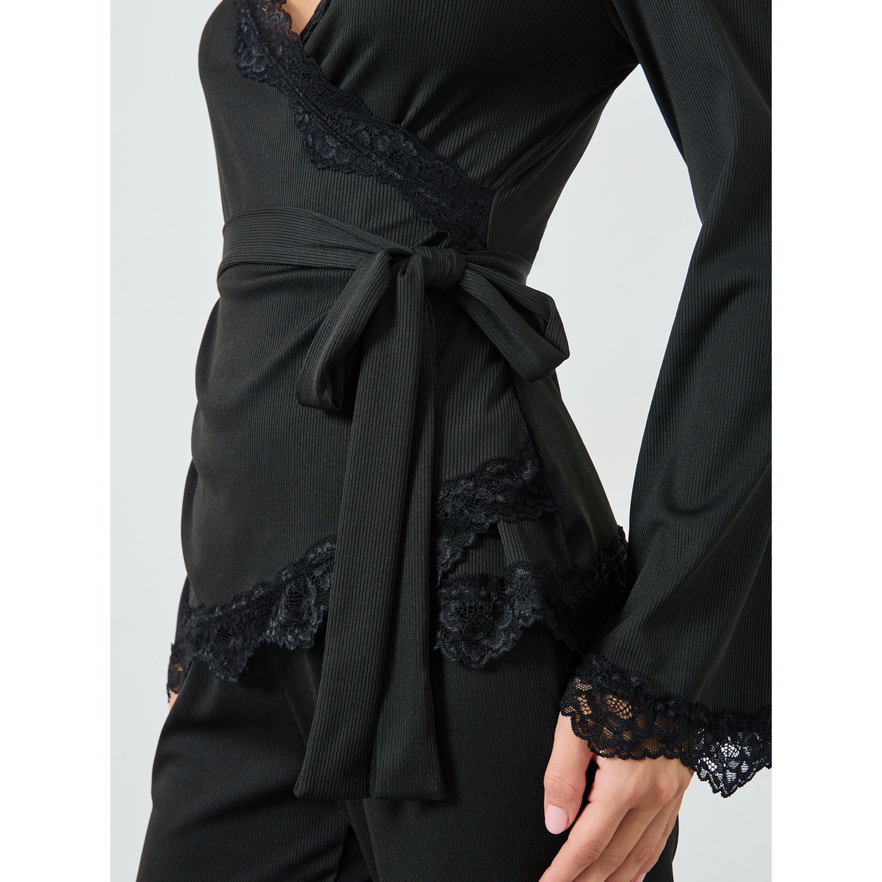 Styli Black Lace Trim Wrap Tie Front Top and Pyjama Set-women-clothing-nightwear-pyjamas-longsets-image-5