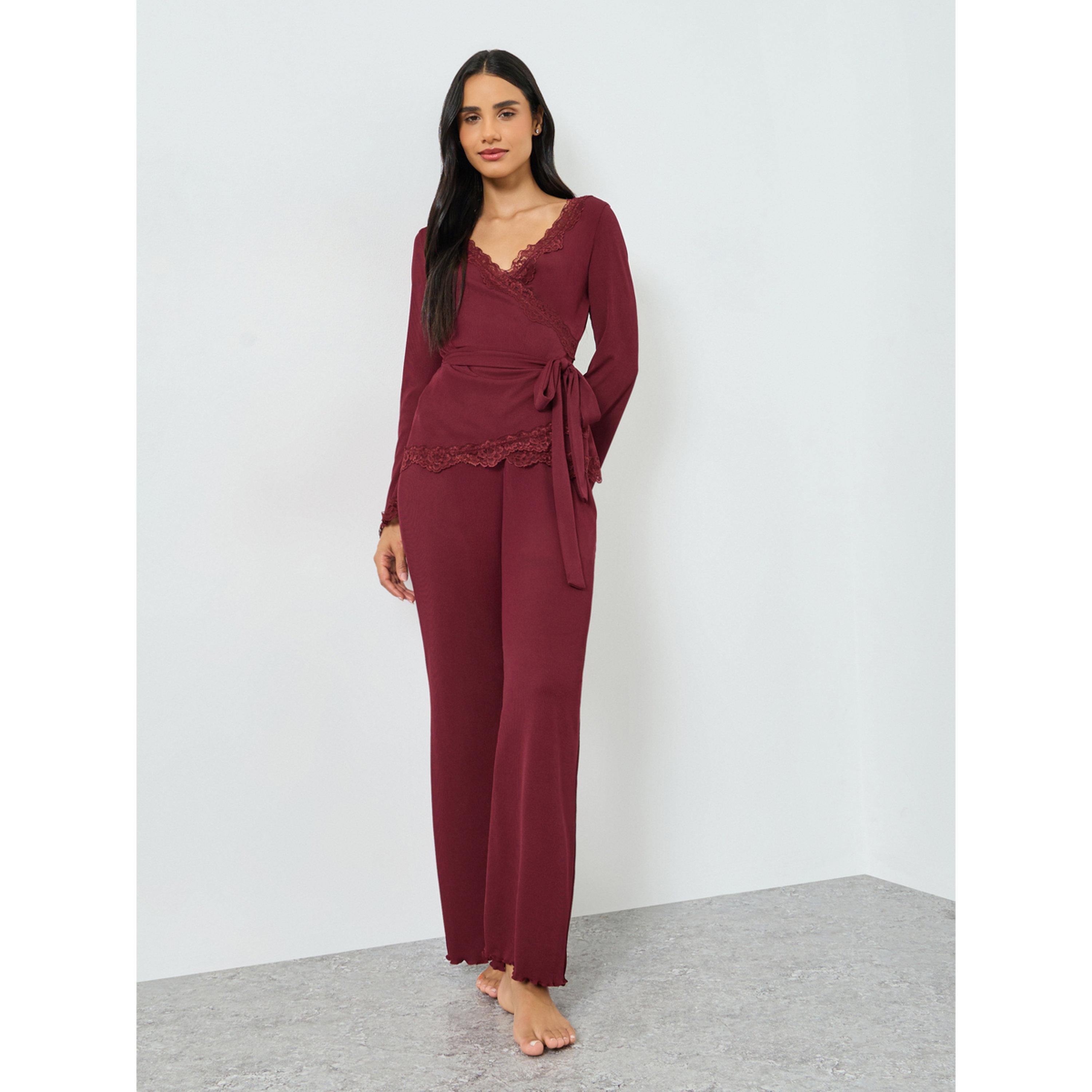 Styli Burgundy Lace Trim Wrap Tie Front Top and Pyjama Set-women-clothing-nightwear-pyjamas-longsets-image-1