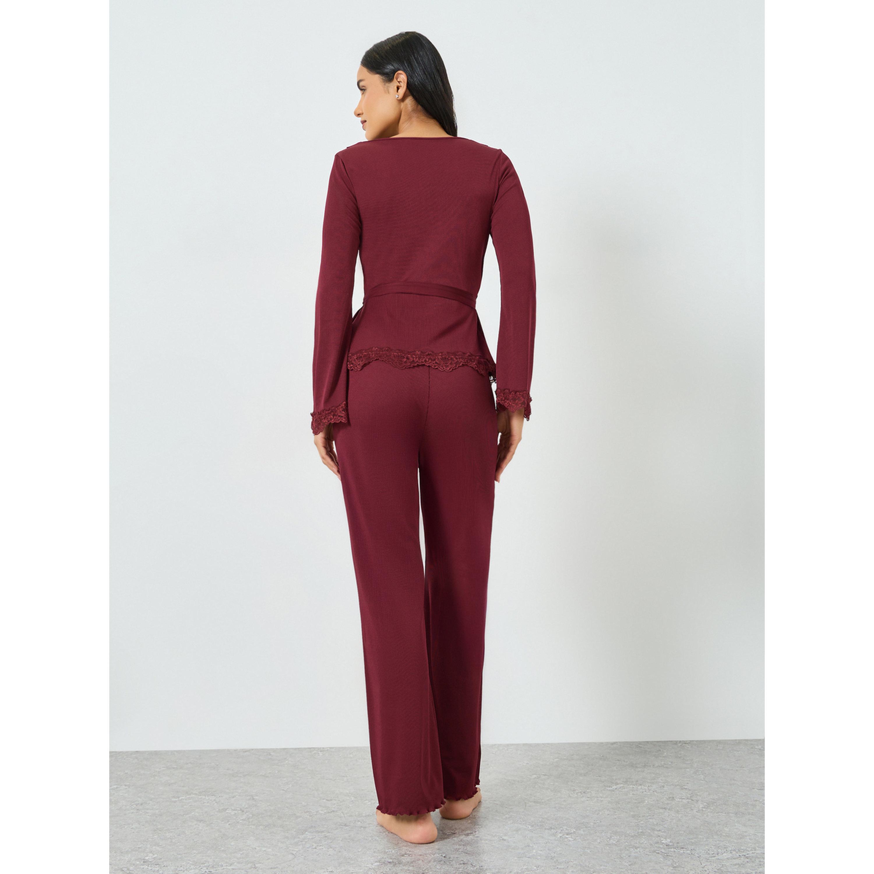طقم بيجاما من بلوزة بتفاصيل دانتيل ورباط أمامي-women-clothing-nightwear-pyjamas-longsets-image-4