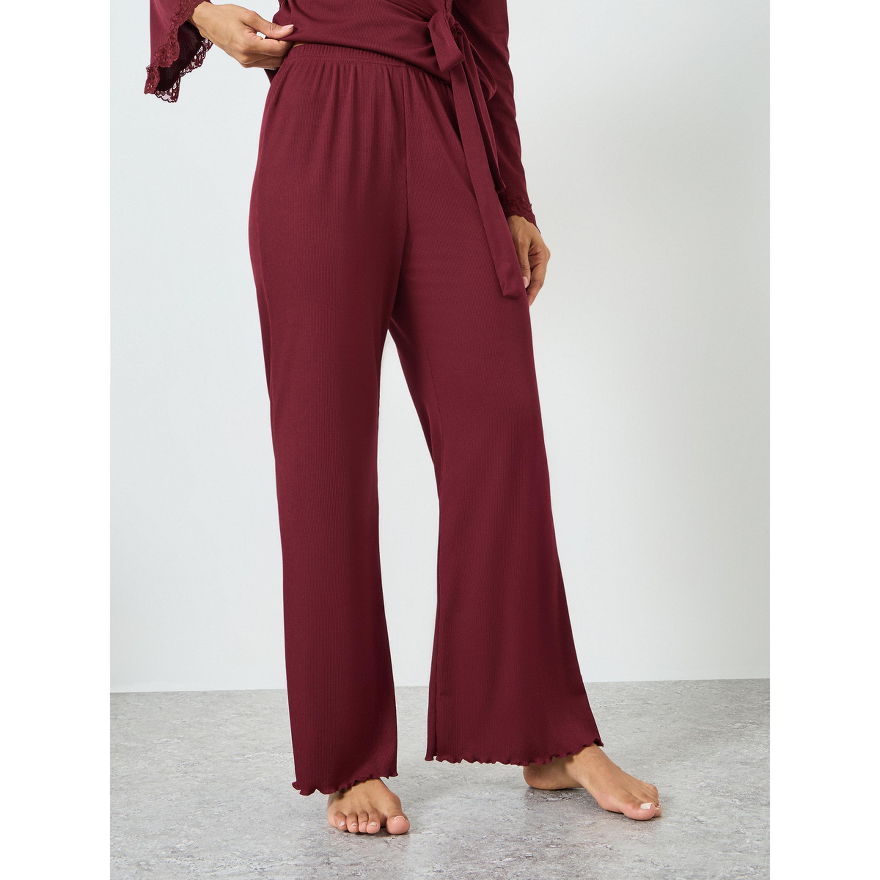 Styli Burgundy Lace Trim Wrap Tie Front Top and Pyjama Set-women-clothing-nightwear-pyjamas-longsets-image-5