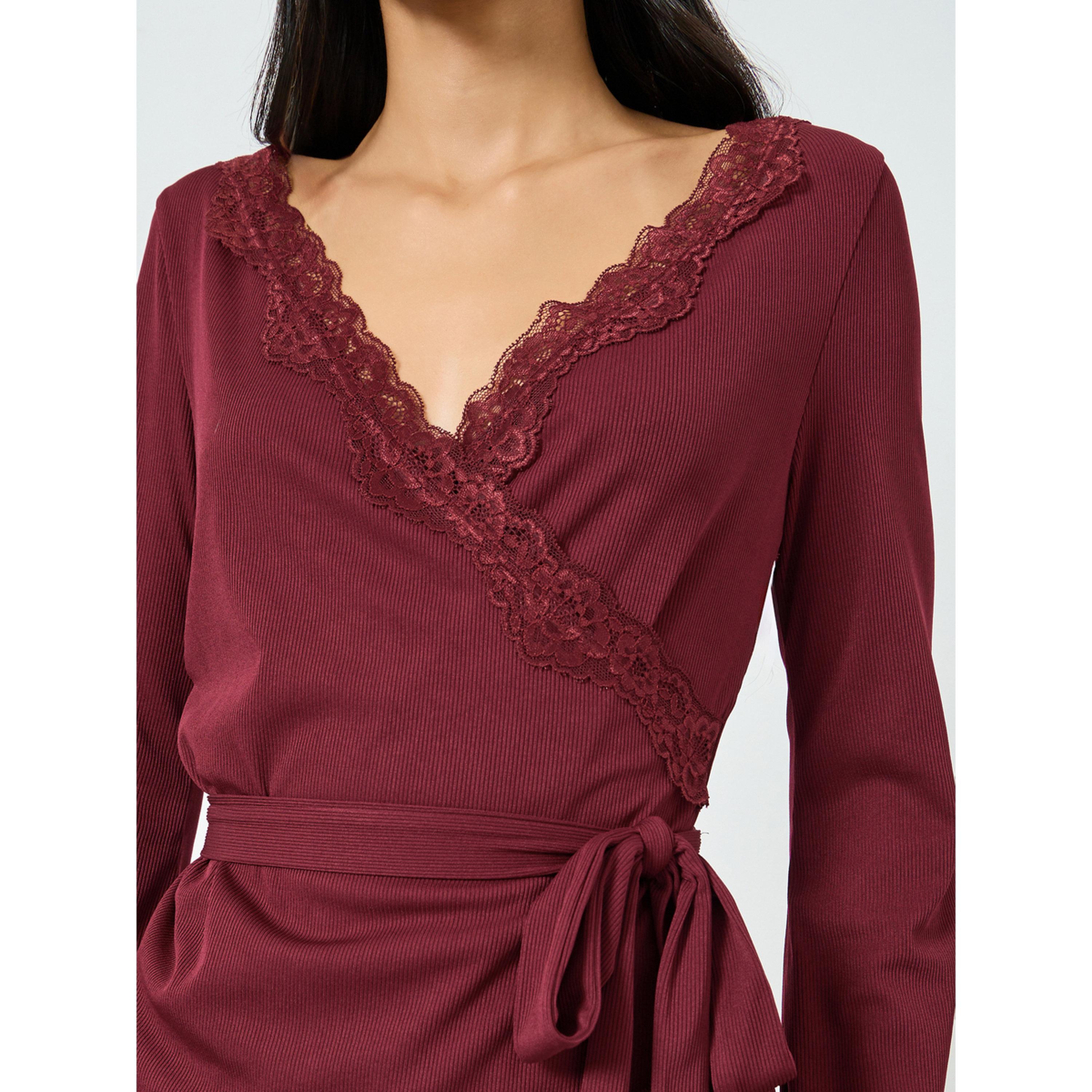 Styli Burgundy Lace Trim Wrap Tie Front Top and Pyjama Set-women-clothing-nightwear-pyjamas-longsets-image-6