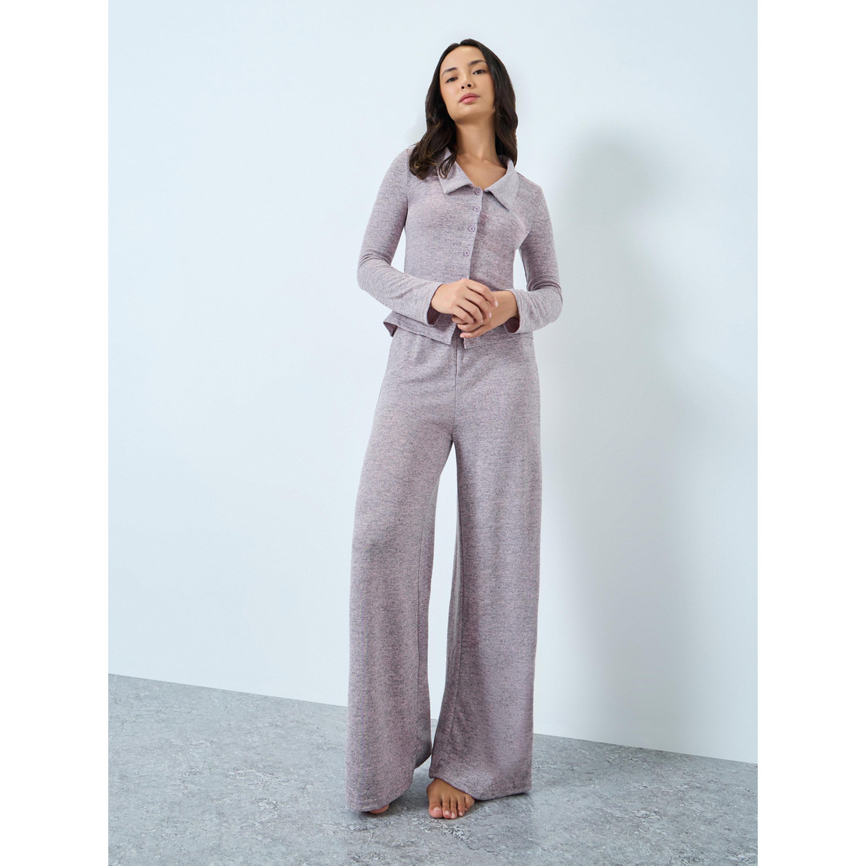 Styli Pink Melange Knit Collared Shirt and Pyjama Set-women-clothing-nightwear-pyjamas-longsets-image-1