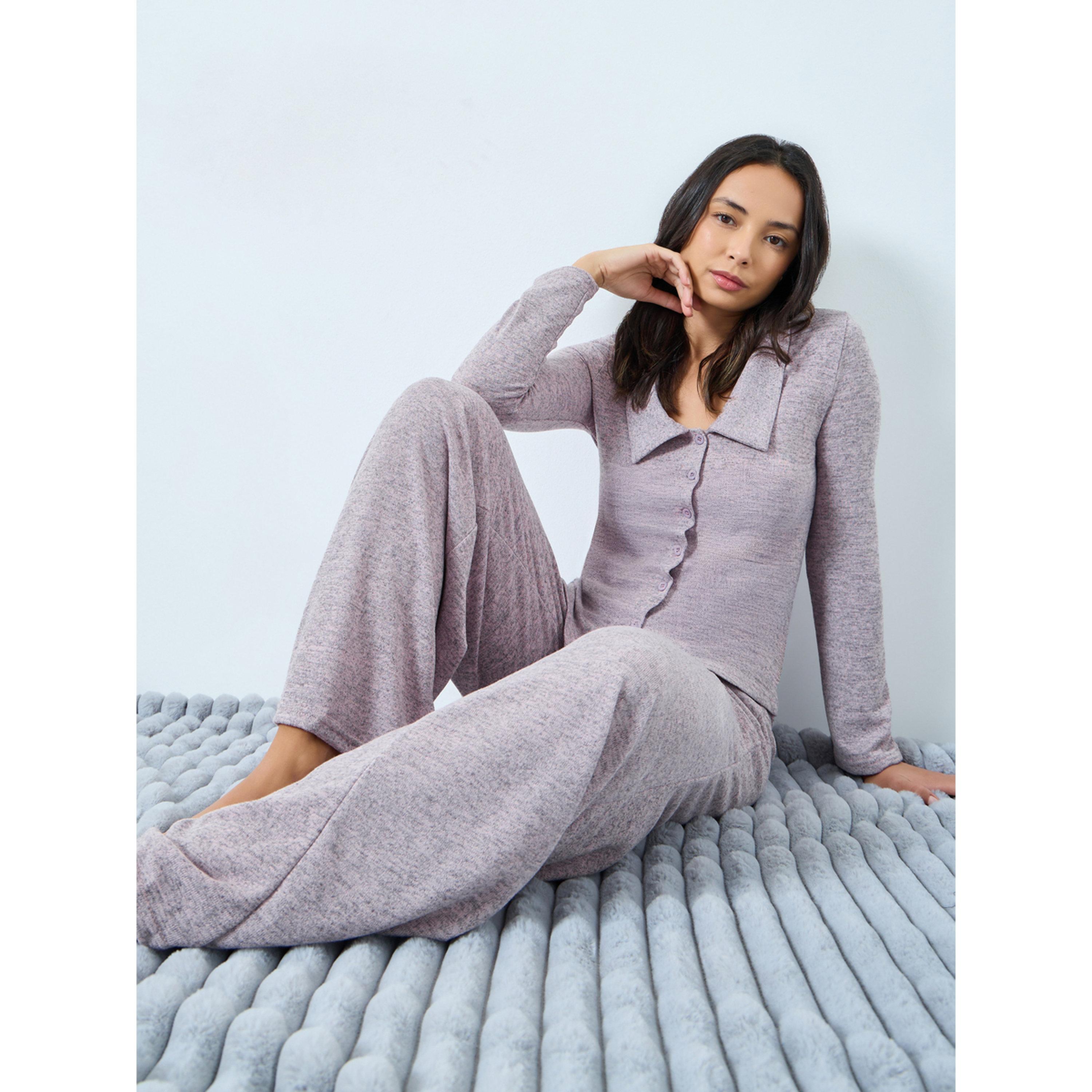 Styli Pink Melange Knit Collared Shirt and Pyjama Set-women-clothing-nightwear-pyjamas-longsets-image-2