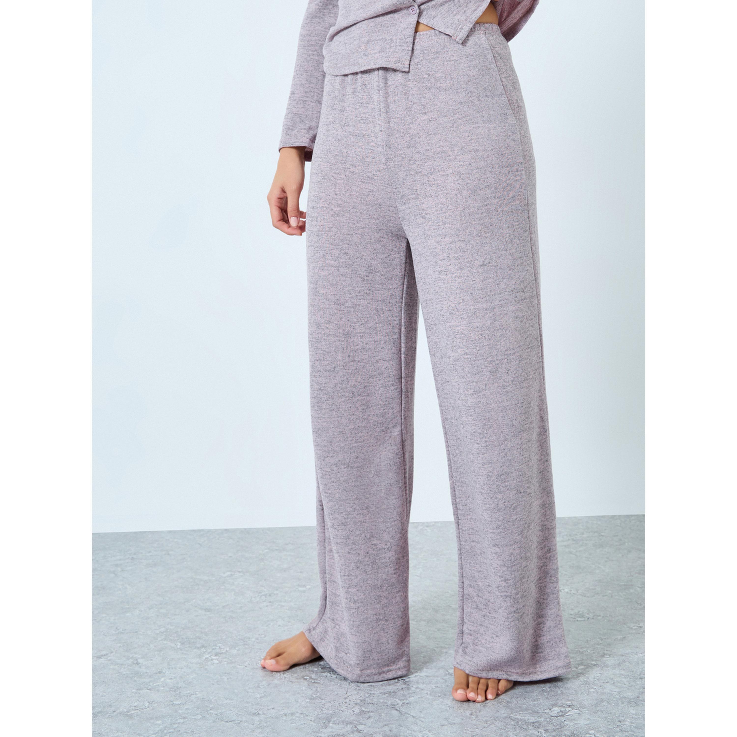 Styli Pink Melange Knit Collared Shirt and Pyjama Set-women-clothing-nightwear-pyjamas-longsets-image-4