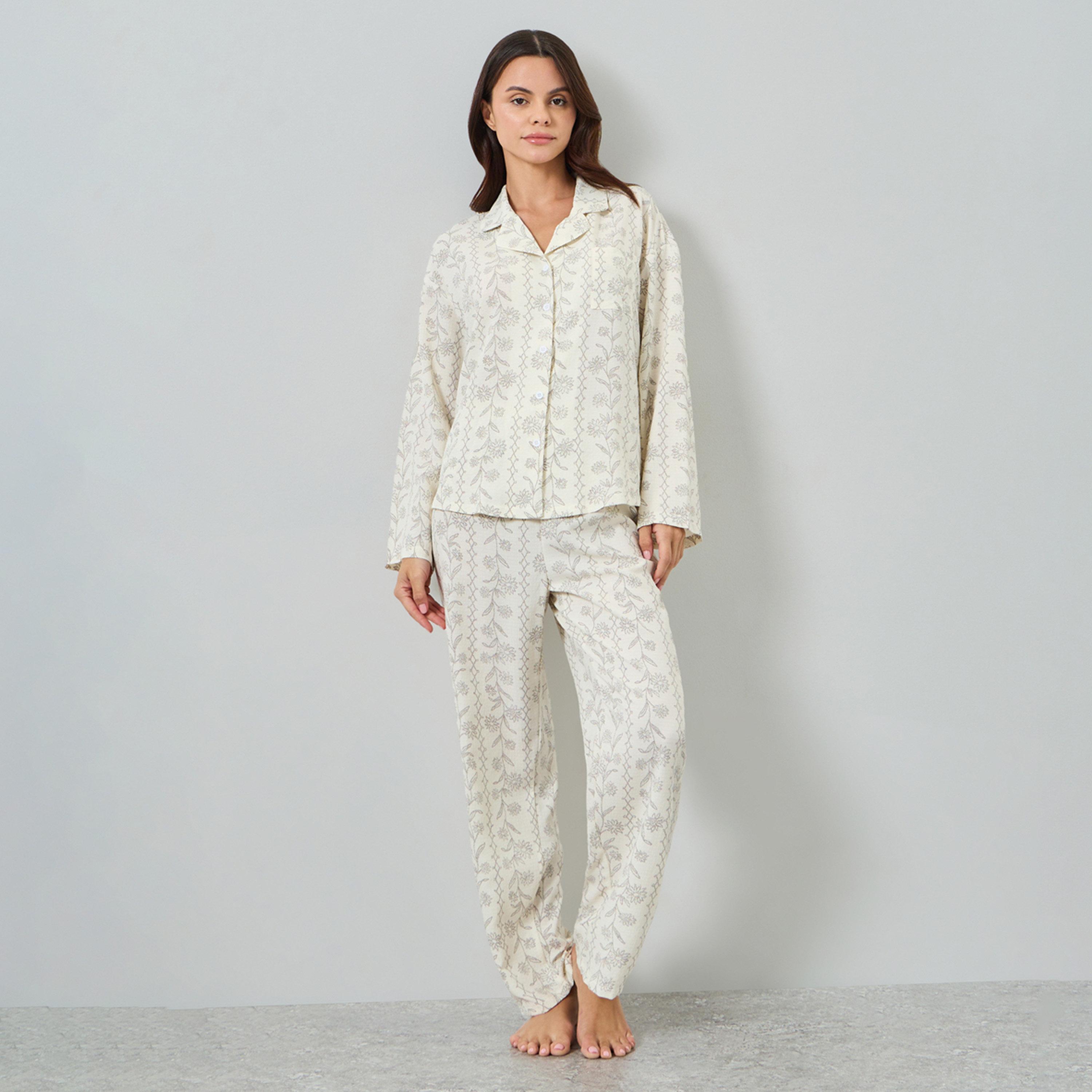 Styli Cream Floral Print Shirt and Pyjama Set-women-clothing-nightwear-pyjamas-longsets-image-1
