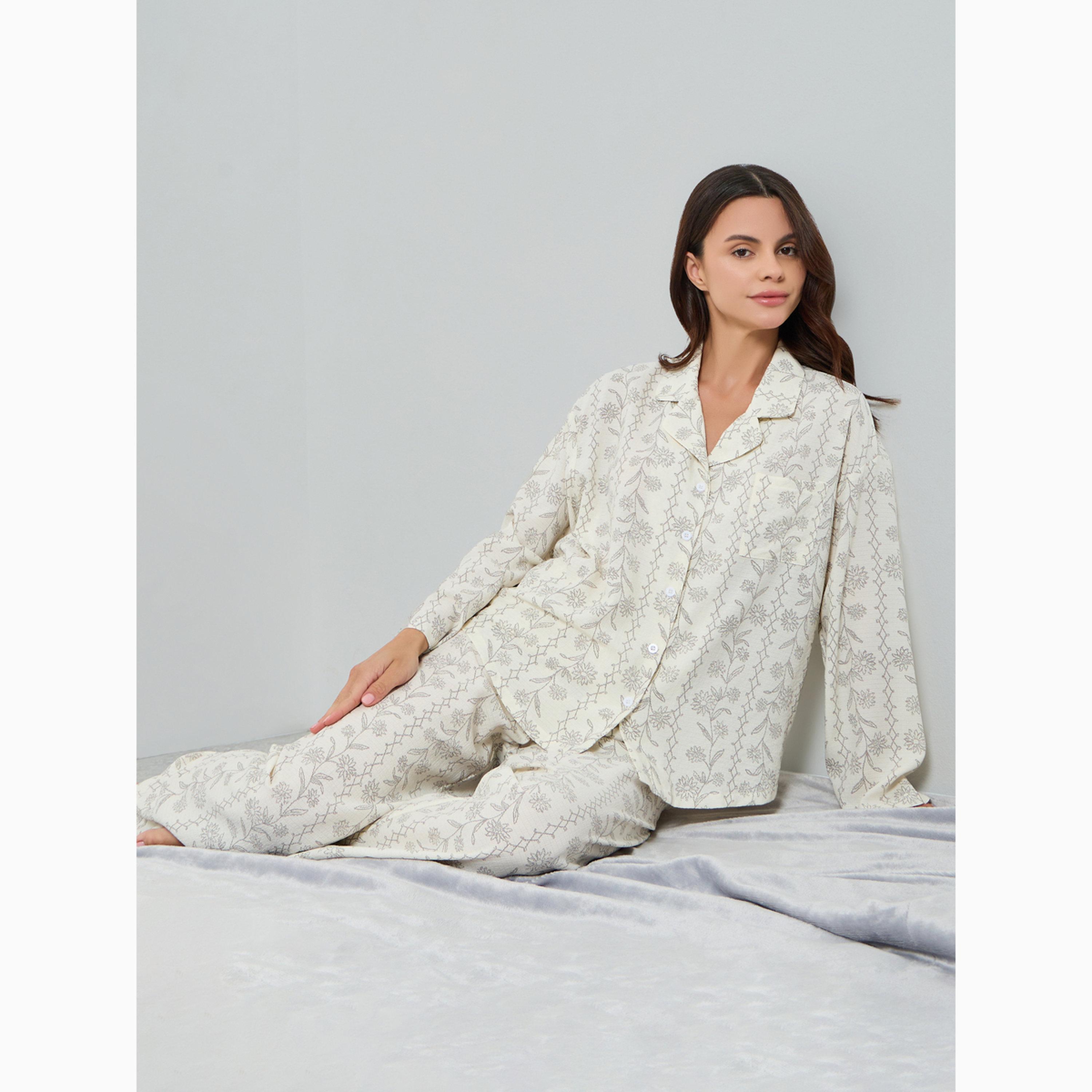 Styli Cream Floral Print Shirt and Pyjama Set-women-clothing-nightwear-pyjamas-longsets-image-2
